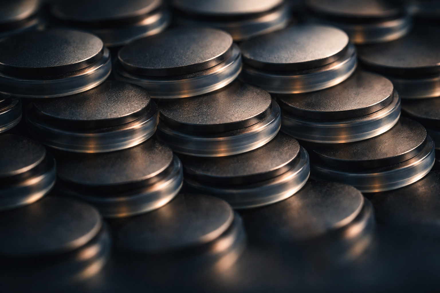 Extreme macro shot of stacked matte metal discs and translucent rings clustered toward the upper center, with shallow focus, cool tones and warm highlights; the lower third is empty and quiet.