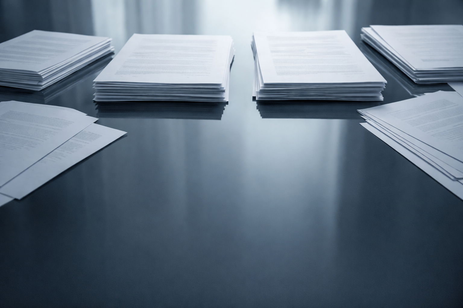 Top-down reflective close-up of unbranded, intentionally blurred financial papers stacked at center on a dark glass table, their soft reflection filling the upper two-thirds against a muted blue-grey background and a quiet lower third.