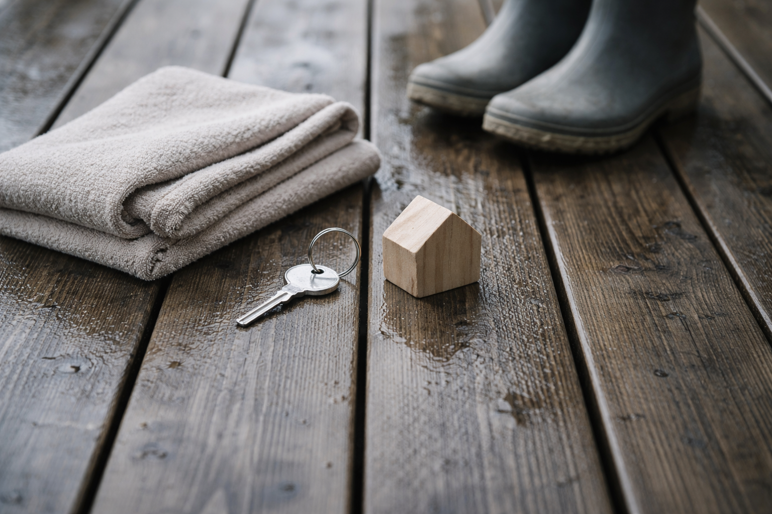 High-angle view of unbranded household items—a small unpainted wooden house block, a plain metal key on a ring, a folded neutral towel and worn rubber boots—clustered on a wet wooden veranda in the upper two-thirds, soft overcast light, lower third left clear.