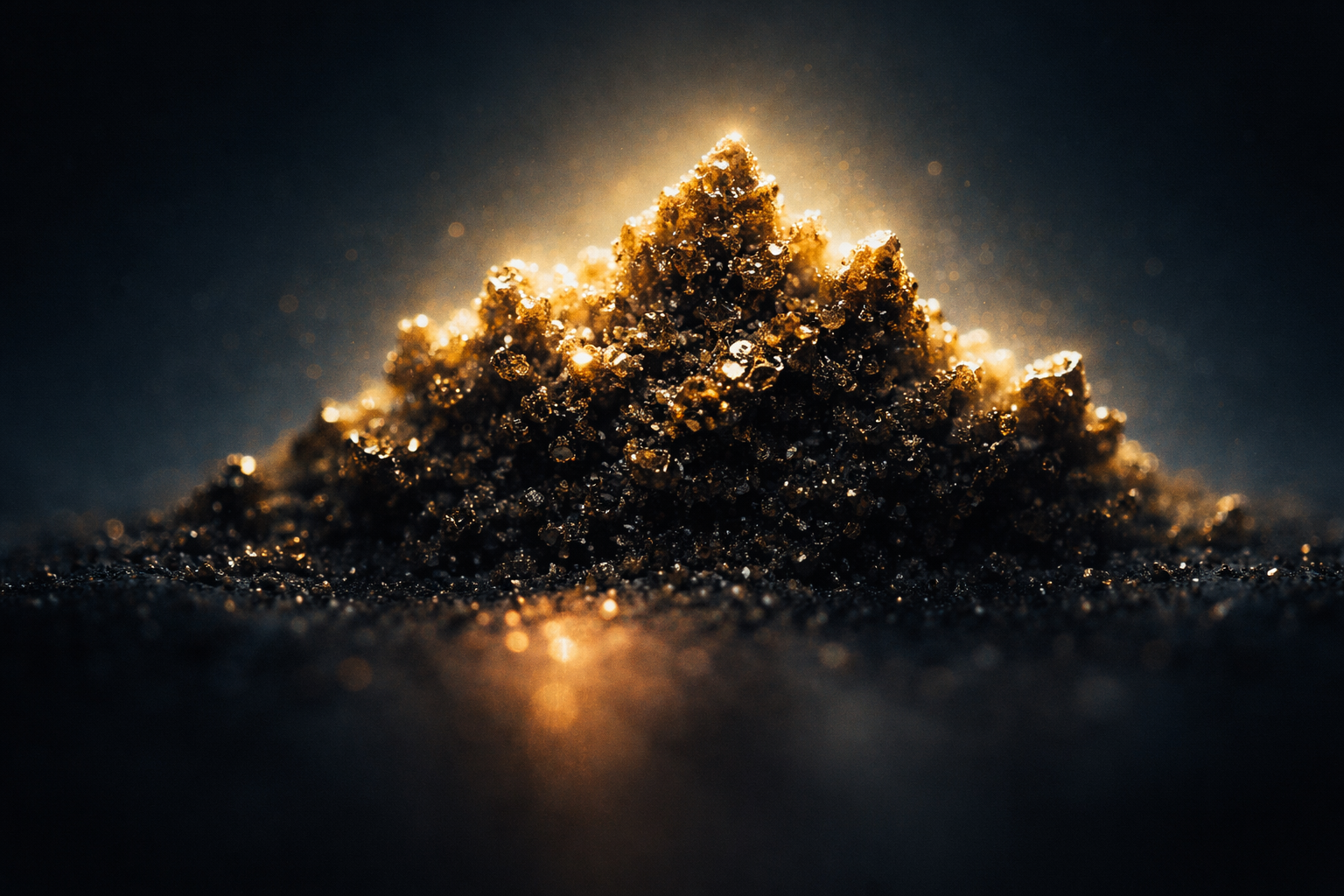 Close-up silhouette of jagged gold mineral fragments backlit with a warm rim light against a deep blue background, occupying the upper two-thirds of the frame with a calm, empty lower third.