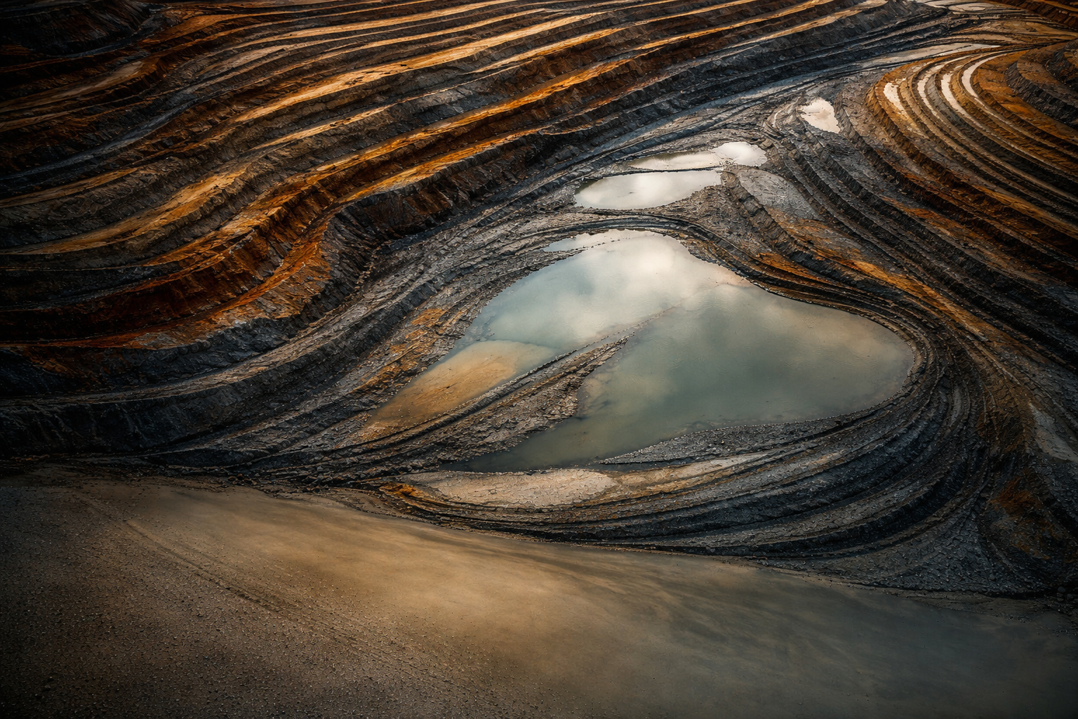 Aerial abstract close-up of terraced ochre and slate-blue mineral tailings with textured ridges filling the central upper two-thirds and a calm, muted lower third.