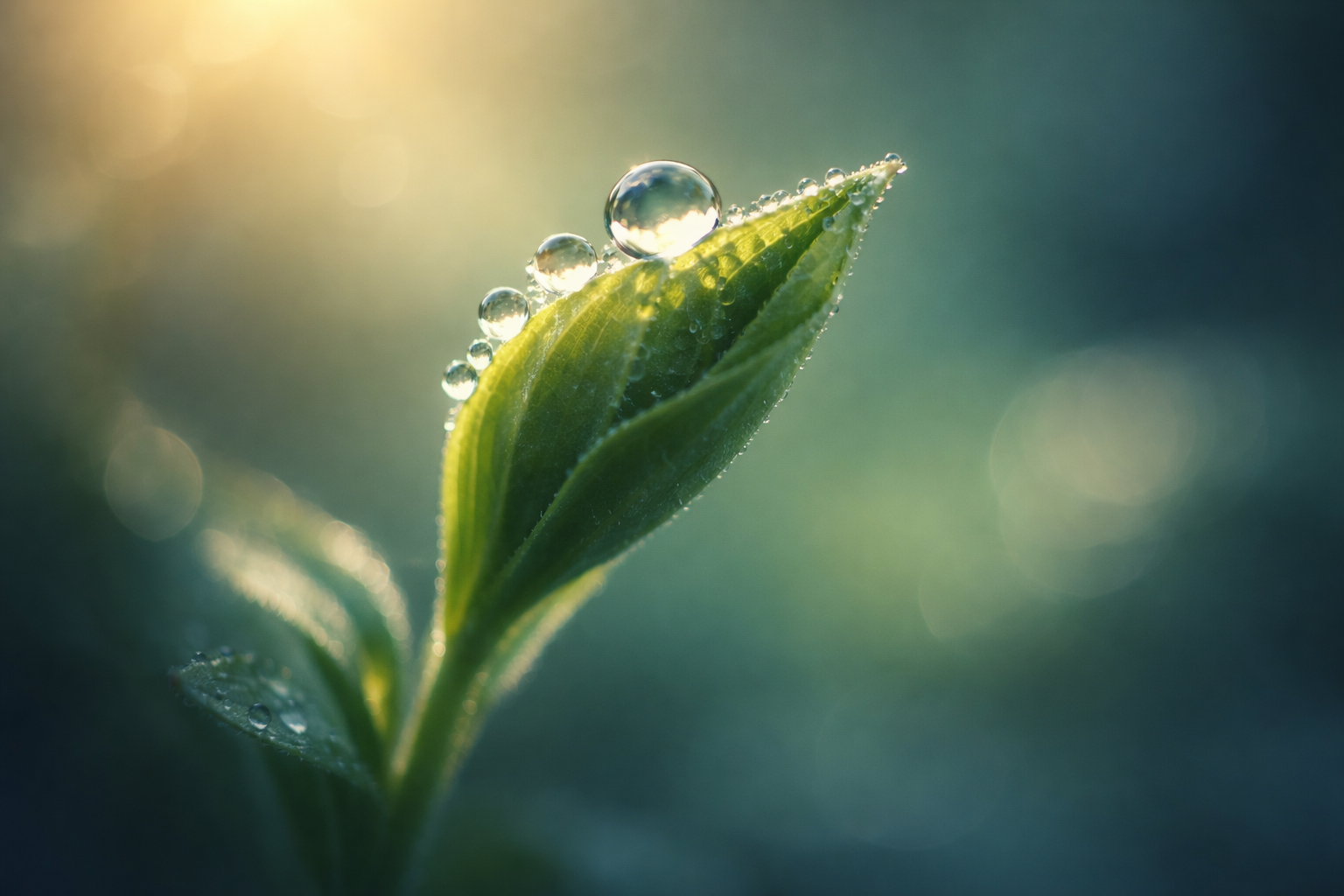 Macro photo of a green leaf bud with glistening dewdrops in soft golden backlight, shallow focus and smooth blue‑green bokeh, the subject occupying the upper two‑thirds and a quiet lower third.