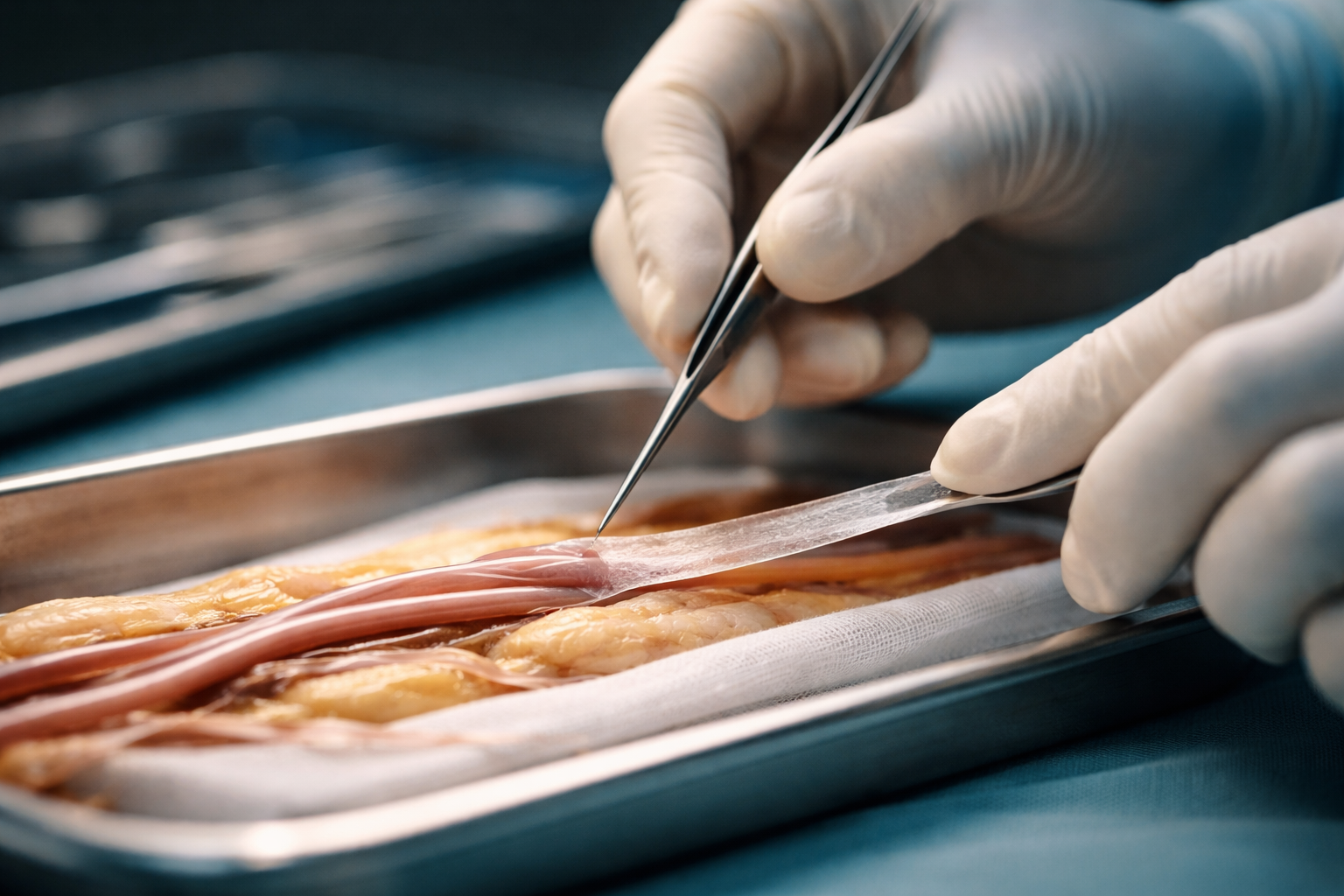 Close-up motion-detail of gloved hands of a fictional surgeon applying a thin sutureless medical tape to a nerve model on an operating tray, shallow focus with the lower third left dark and uncluttered.