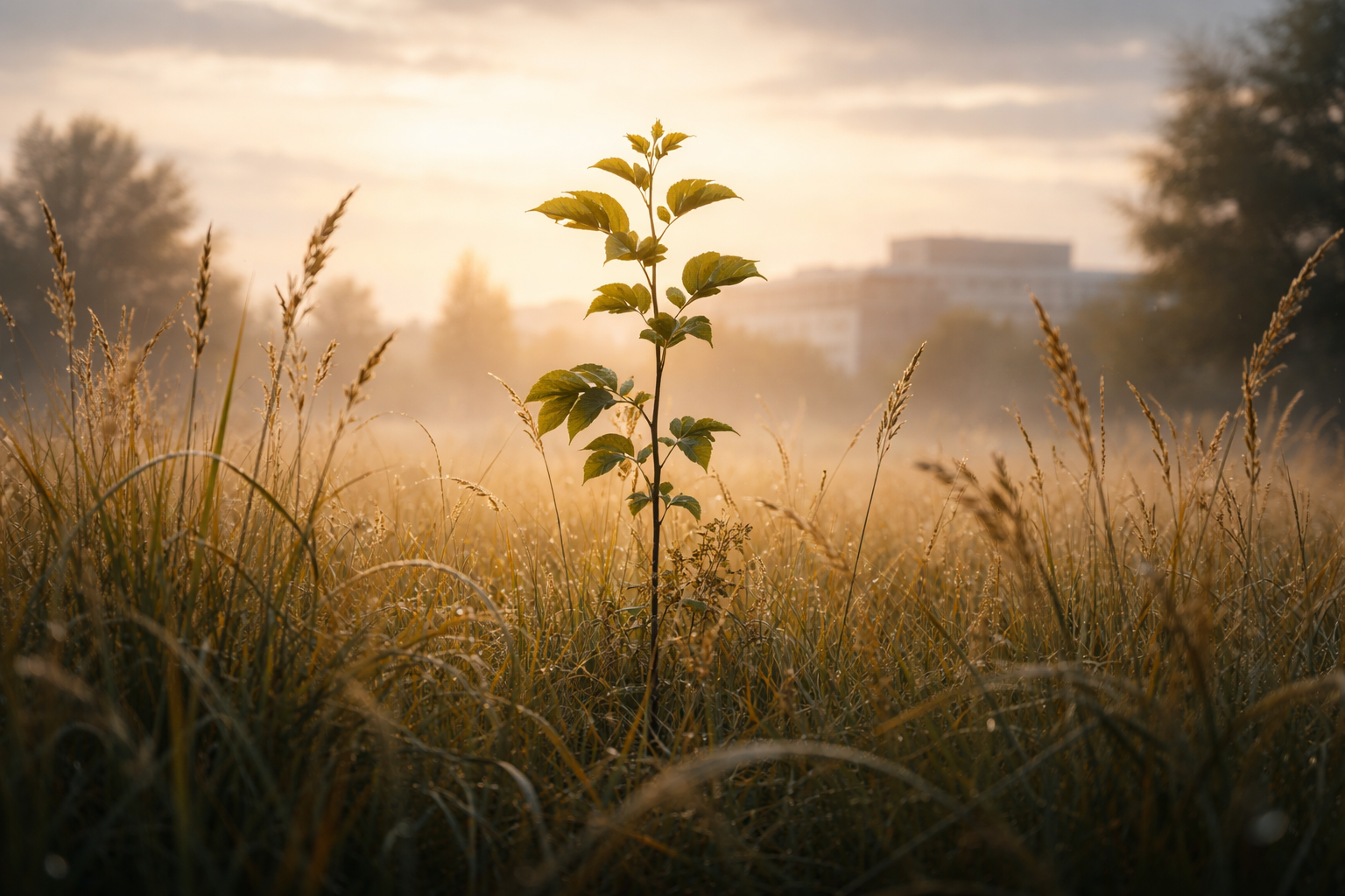 Low-angle photo of tall wild grasses and a young sapling centered in the upper two-thirds against a soft dawn sky, with a blurred unbranded low-rise building on the horizon and an empty lower third.