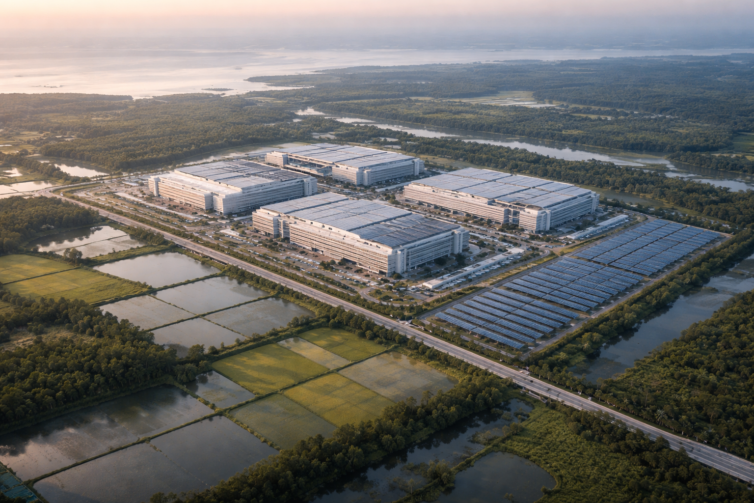 High-angle aerial view of a new low-rise semiconductor campus with solar panels, roads and surrounding mangrove and rice fields at dawn, the main complex positioned in the upper two-thirds and empty fields in the lower third.