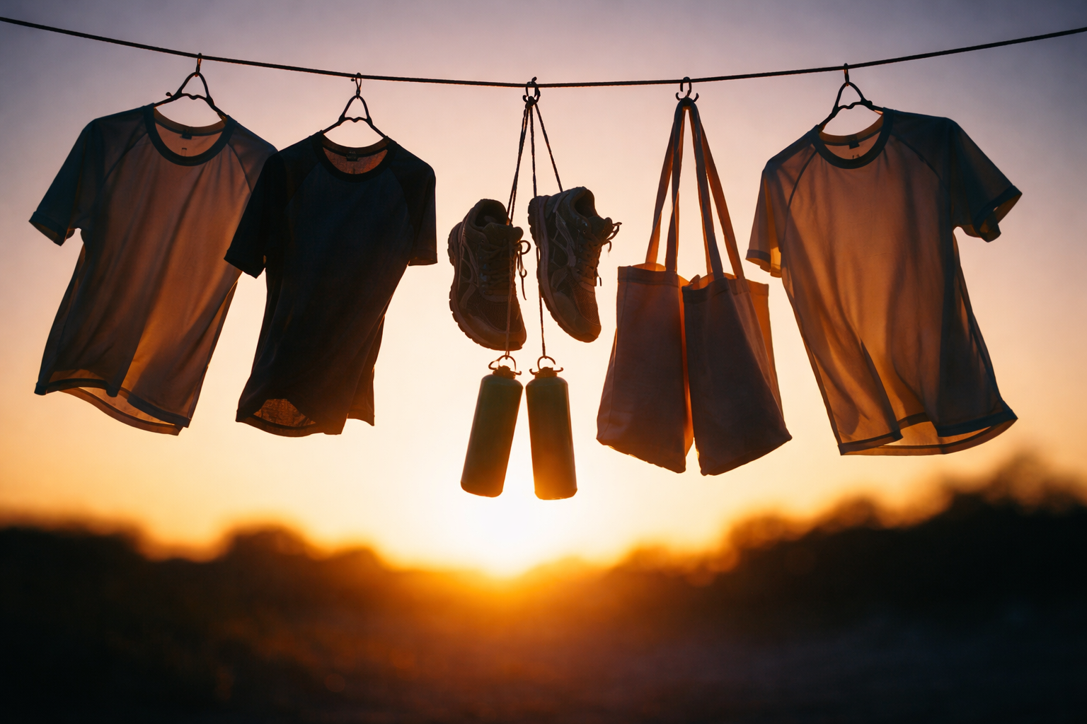 Backlit silhouettes of hanging running shirts, a dangling pair of shoes and tote bags clustered in the upper two-thirds against a warm golden sky, with the lower third empty.