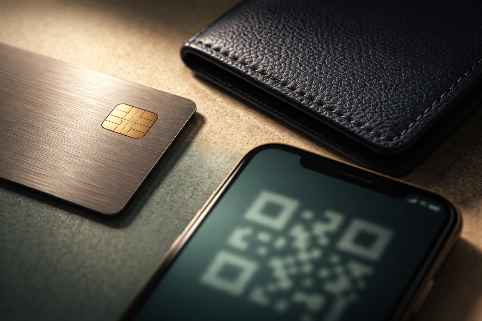 Tight macro of unbranded payment items—a metallic payment card with an EMV chip, the textured corner of a navy passport-like cover, and a smartphone screen with a blurred QR pattern, lit warmly against muted teal and sand tones, with the lower third intentionally empty.