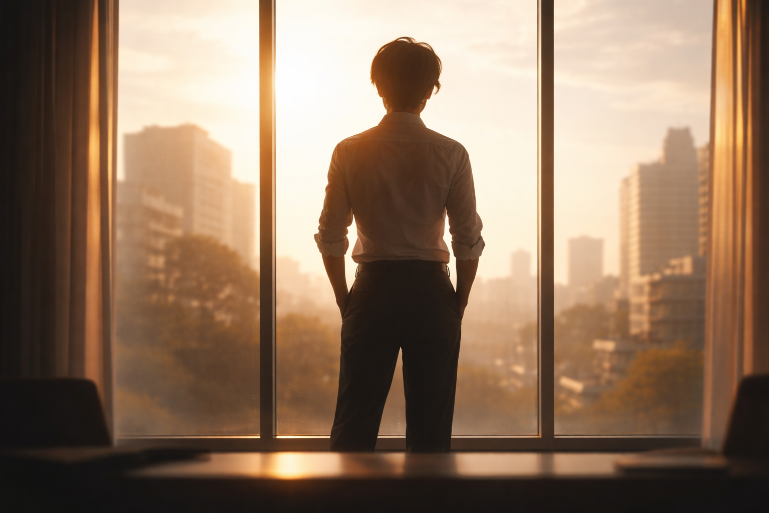 A low-angle backlit silhouette of a person in business-casual clothing standing at a large window, upper two-thirds, looking toward a softly blurred generic city skyline and residential buildings with the lower third left intentionally darker and empty.