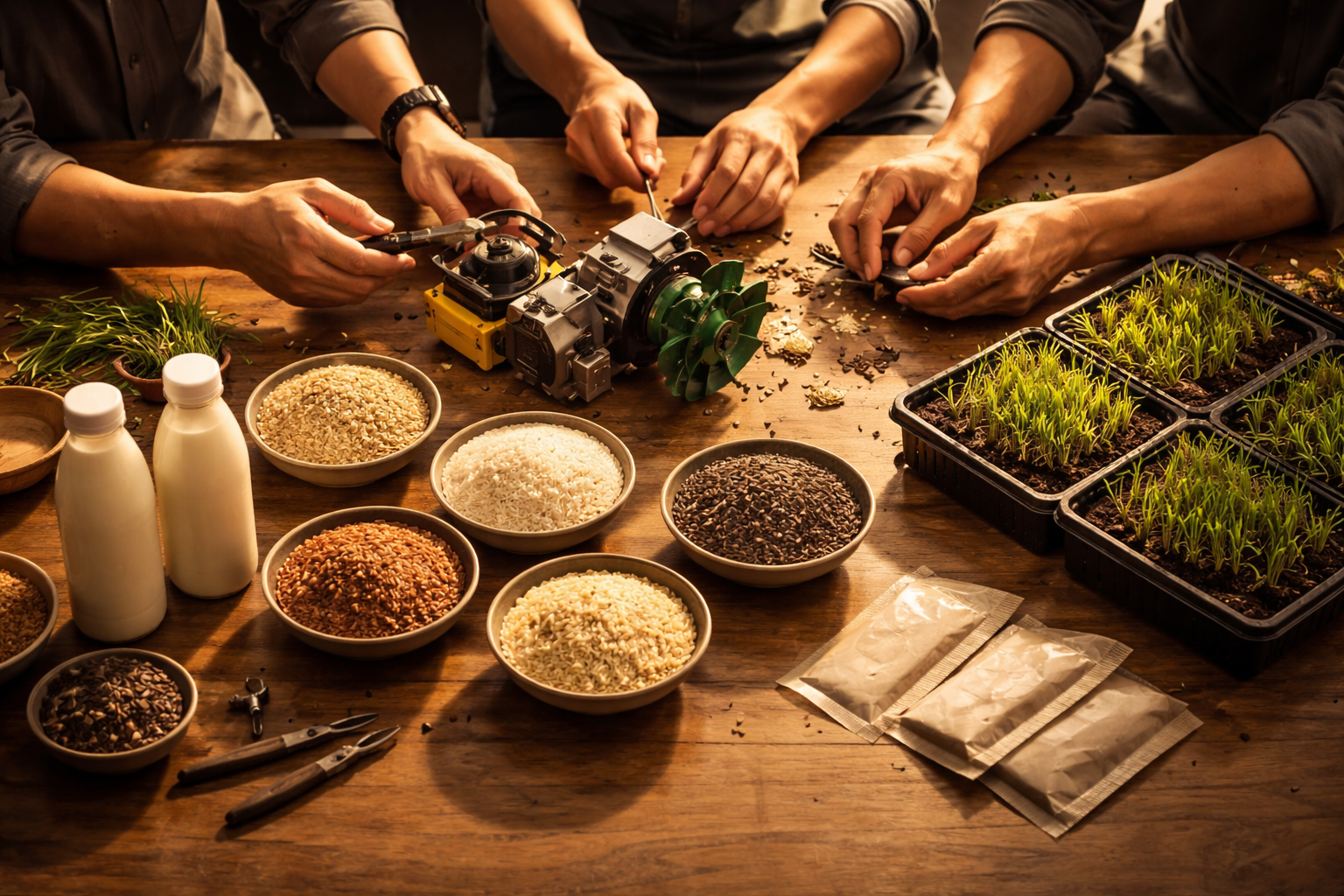 High-angle top-down photo of a workshop table where anonymous hands arrange rice samples, seedling trays, a small machine component and unlabeled rice-milk prototypes under warm light, with the main activity centered in the upper two-thirds and the lower third left clear.