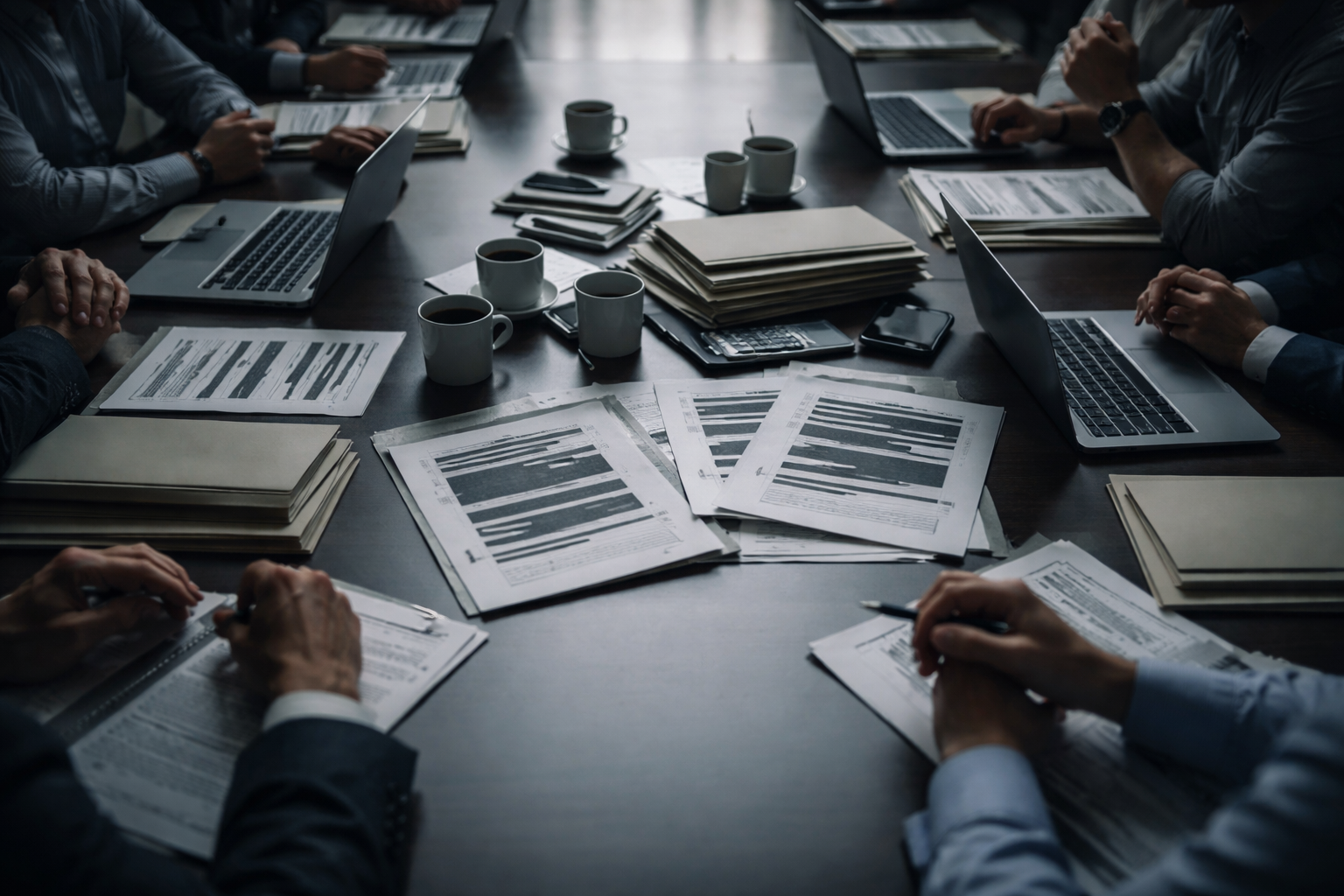 High-angle photograph of a conference table during budget talks showing anonymous hands, stacked neutral folders, laptops with dark screens and redacted papers under soft window light, with the lower third left uncluttered.