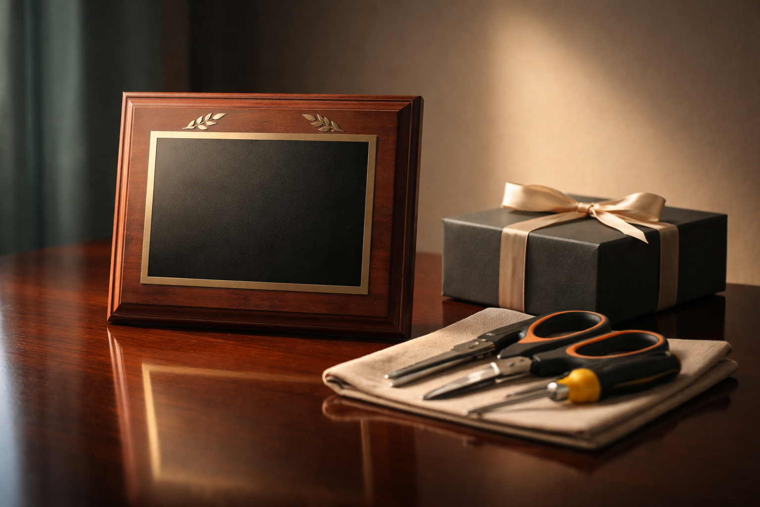 A glossy dark-wood table reflects a blank wooden award plaque, a small bundle of ergonomic vocational tools and a closed gift box under warm side lighting, with the bottom third of the frame left intentionally empty.