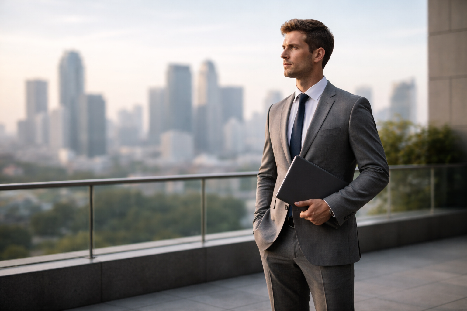A lone fictional professional in a grey suit stands on a terrace in soft morning light, centered in the upper two thirds with a blurred city behind and an empty darker lower third.