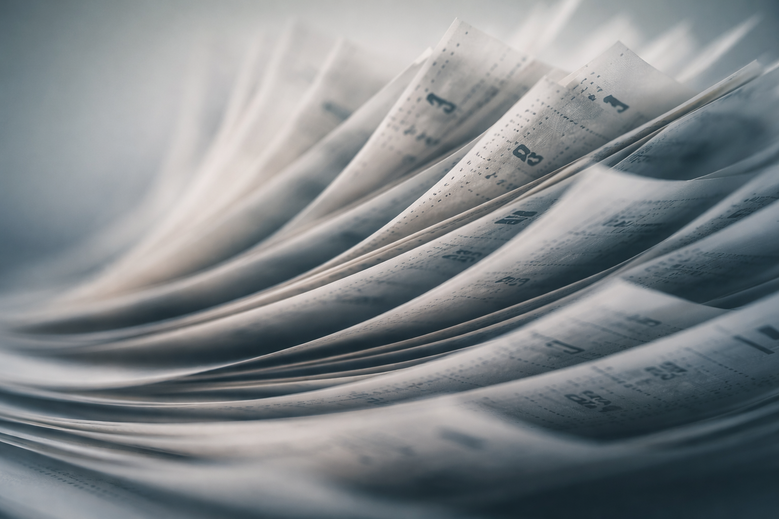 Close-up motion shot of several thin trading slips fanning across the upper two-thirds of the frame, showing paper edges, perforations and blurred ink marks in cool muted tones, with the bottom third left uncluttered.