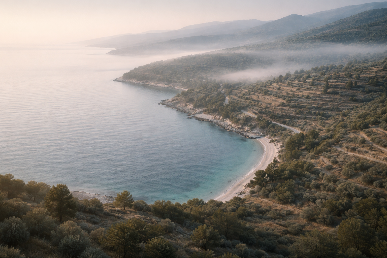High-angle aerial photo of a tranquil Adriatic coastline at dawn with rolling olive-scrub hills and low mist, the shoreline centered in the upper two-thirds and the lower third kept clear.