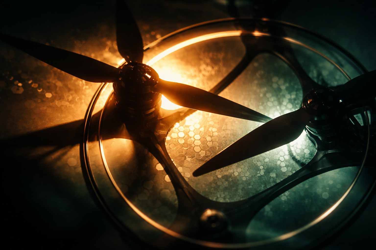Close-up abstract silhouette of overlapping dark propeller shapes, hexagonal circuit patterns and a circular ring, backlit with a warm-gold to teal gradient and a quiet empty lower third.
