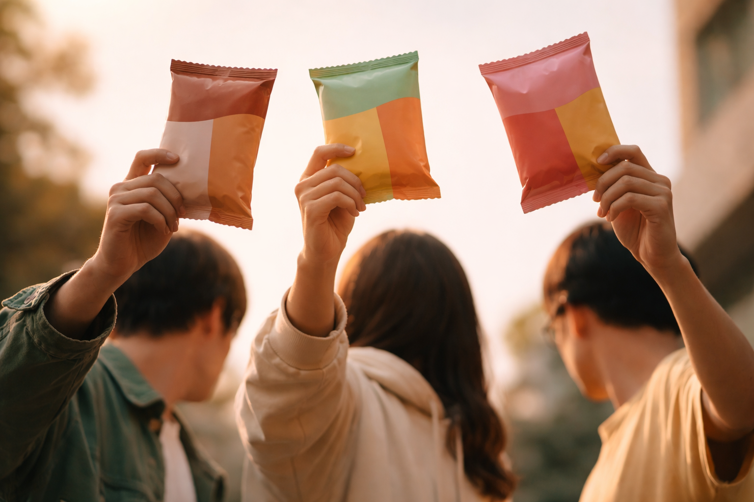 Low-angle photo of three anonymous people holding three color-blocked, unbranded noodle sachets aloft against warm rim light, their faces turned away and the lower third left empty.