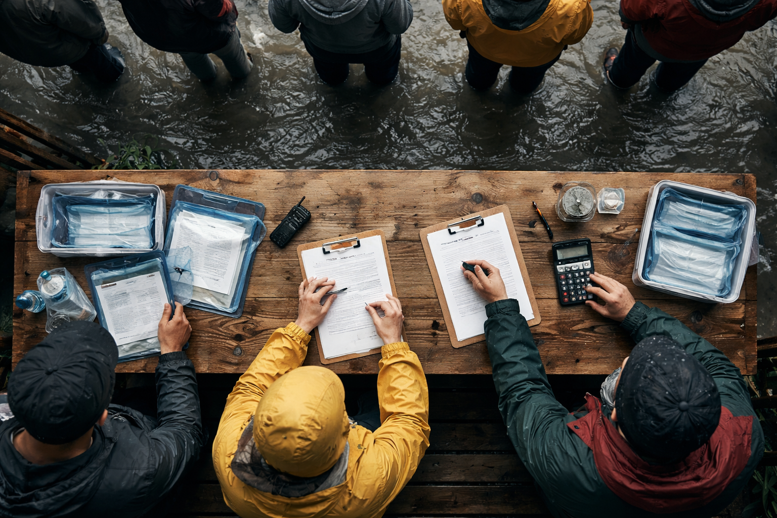 Aerial top-down photo of a raised outdoor relief desk beside a flooded street, anonymous hands handling clipboards, waterproof envelopes and a calculator, with people cropped at the shoulders and muted overcast light.