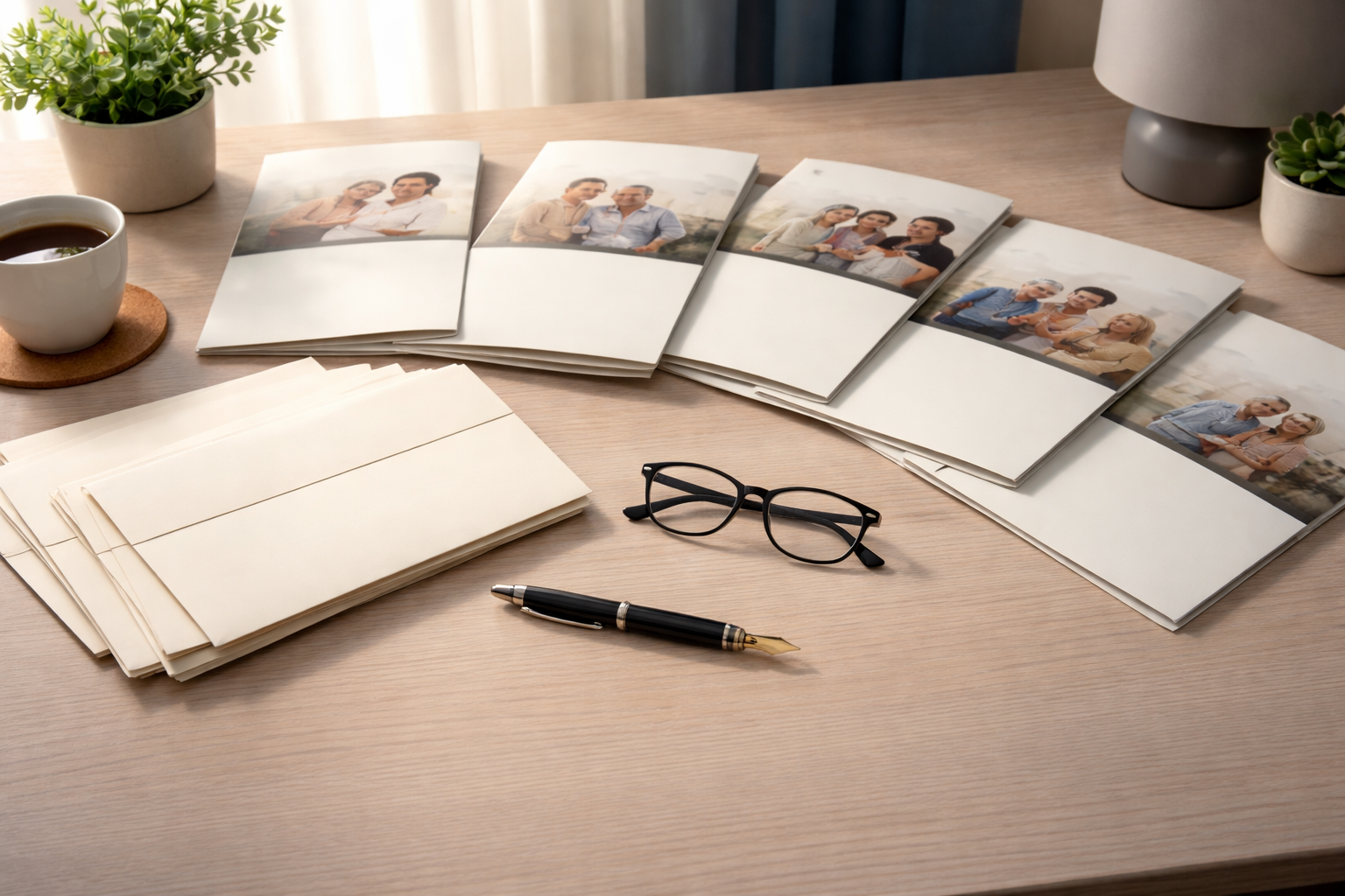 Wide view of a desk with unbranded life‑insurance booklets and blank policy envelopes across the upper two-thirds, a fountain pen and reading glasses centered, soft window light and muted warm‑blue tones, with the lower third left empty.