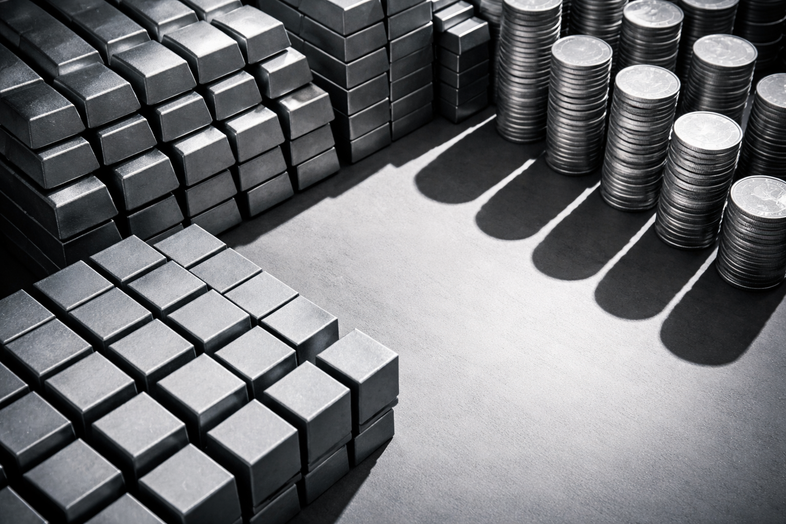 Overhead view of polished metal materials arranged in neat rows, casting distinct shadows under bright directional light.