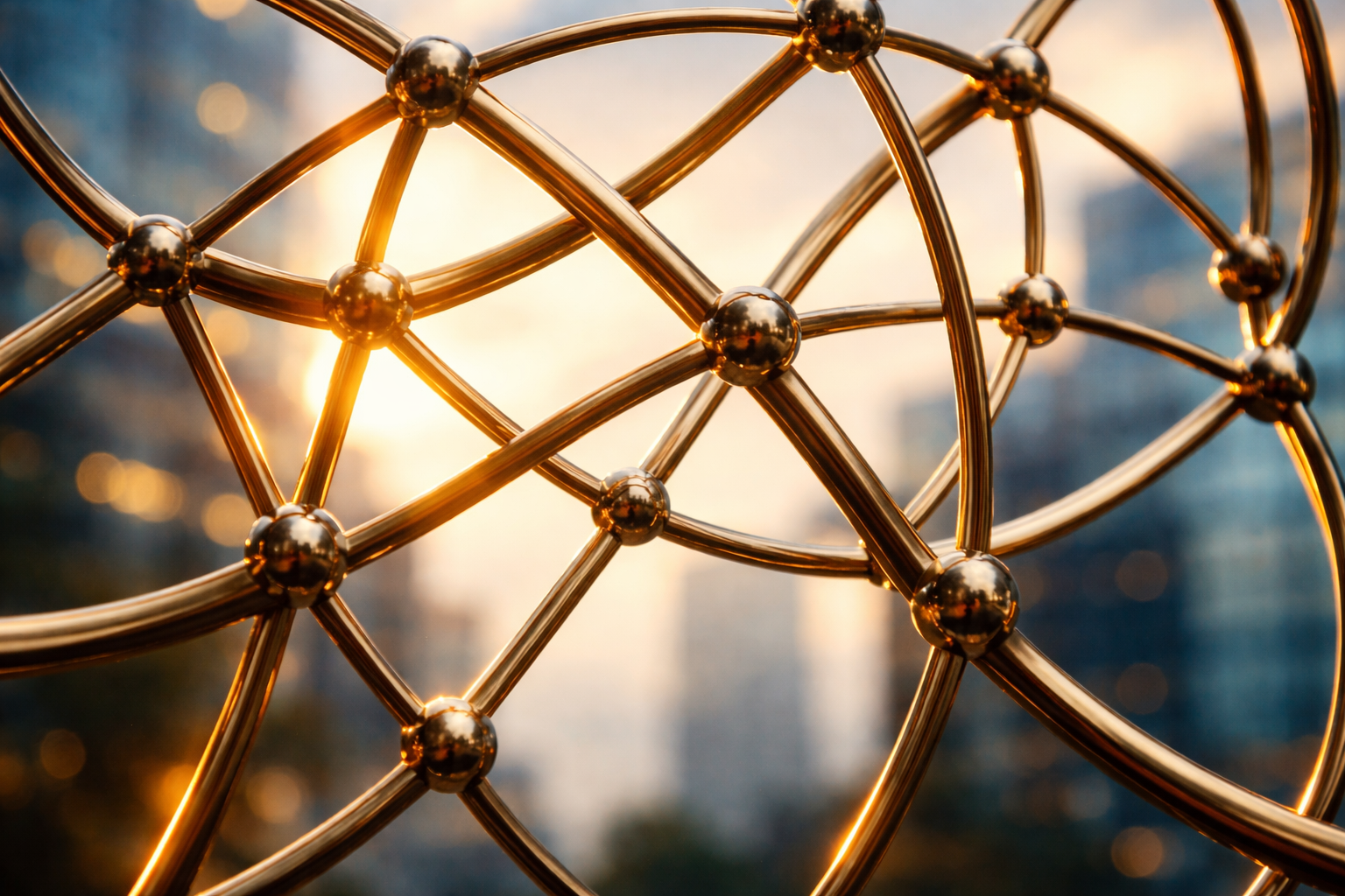Low-angle macro photo of an abstract brass network sculpture—interlocking arcs and spheres lit by warm late-afternoon light, centered high with a soft, uncluttered blurred lower third.