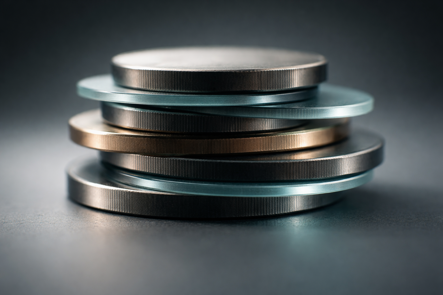 Low-angle close-up of stacked unbranded metallic discs and frosted glass plates with soft teal-gray and bronze lighting, the forms occupying the upper two-thirds while the lower third is smooth and empty.