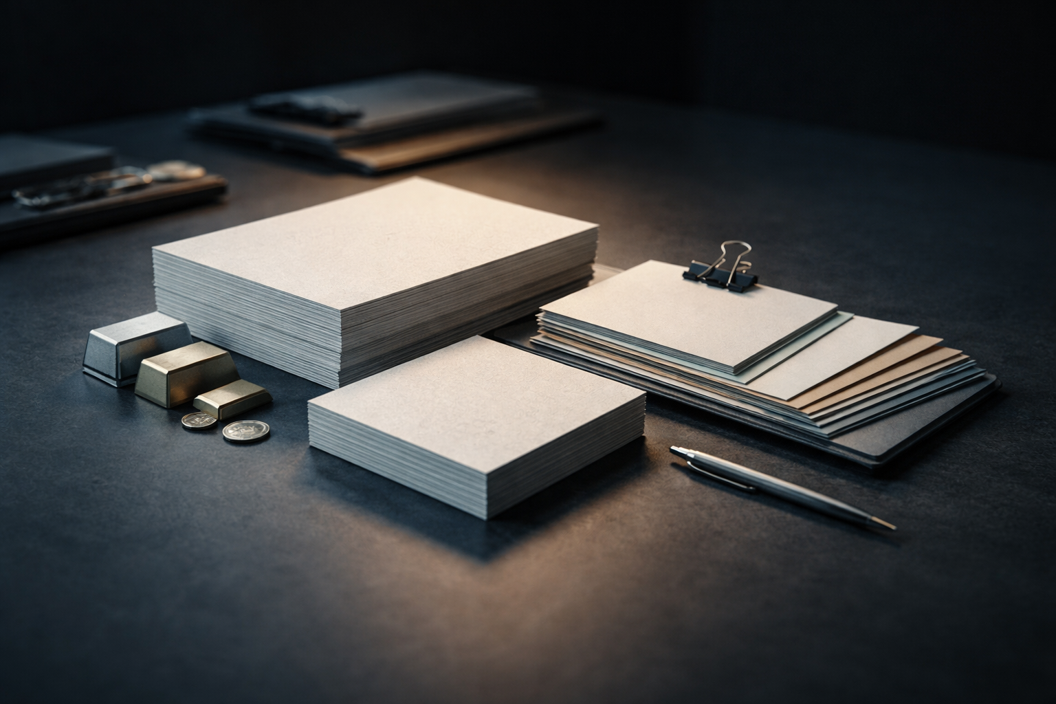 Wide studio view of unbranded financial materials—stacks of blank textured bond paper, small unmarked metal ingots and clipped plain index cards—arranged centrally on a dark table under soft side lighting, with the lower third left clear.
