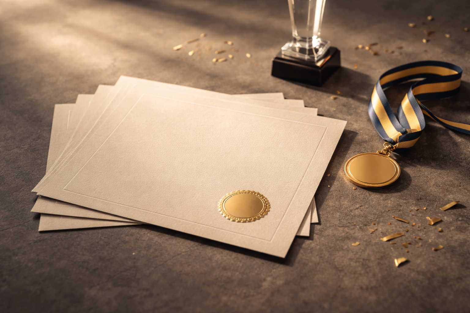Wide angled overhead view of a wooden table with textured blank award certificates, a gold medallion and a blurred glass trophy toward the top, lit by warm late-afternoon light; the bottom third is intentionally empty and softly out of focus.