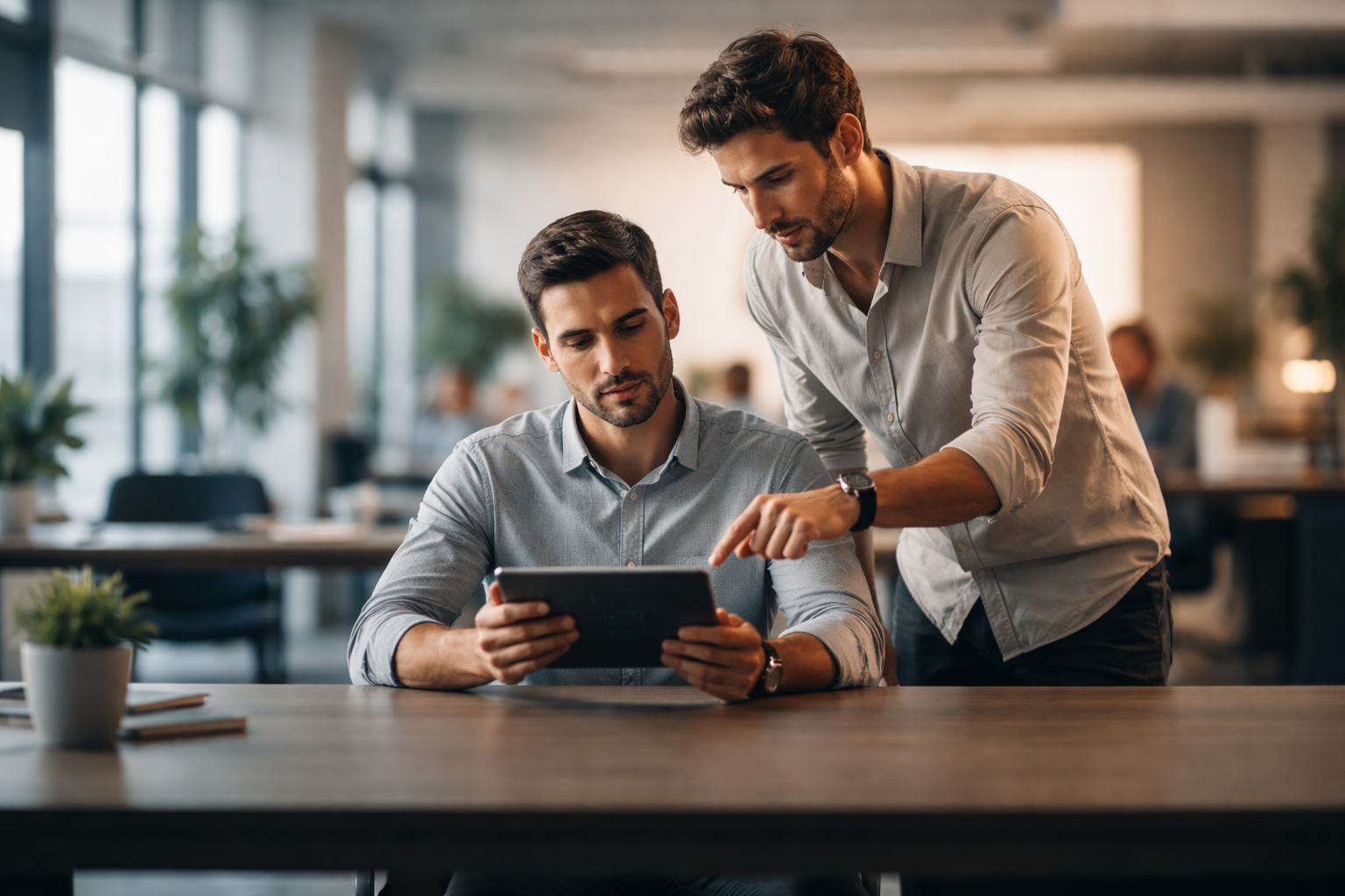 Two colleagues in a modern co‑working office — one seated with a tablet and the other standing and pointing — shot wide with soft morning light and a calm, uncluttered darker lower third.