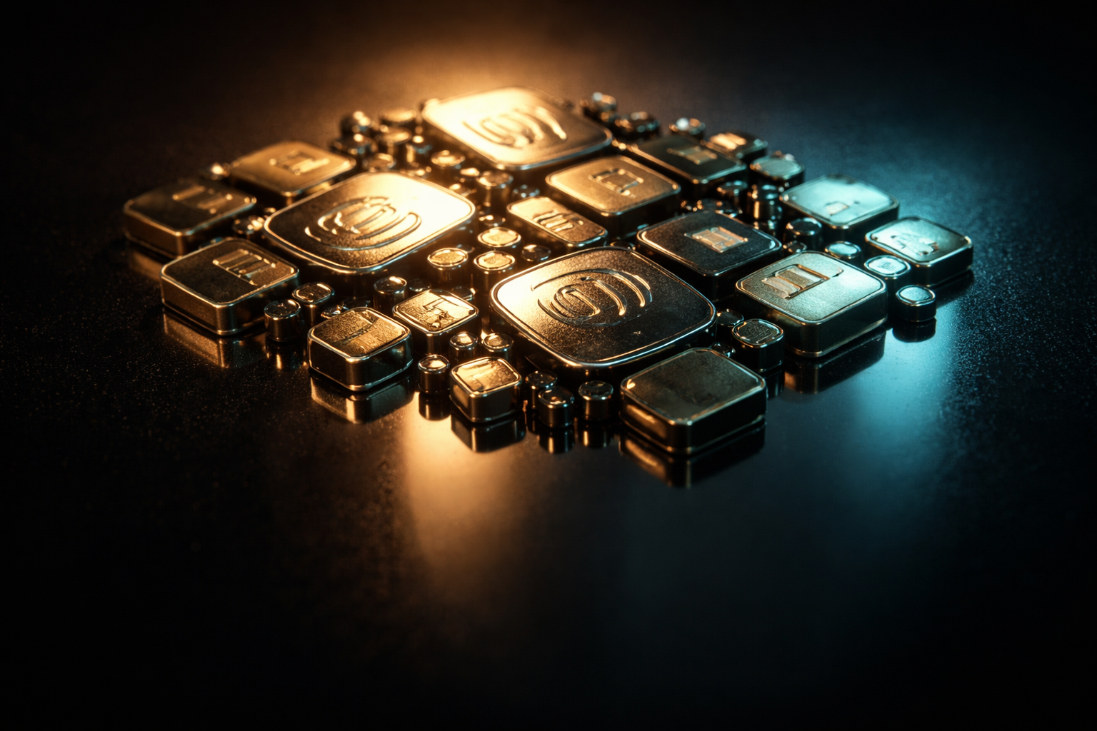 Close-up reflection of assorted metallic token and chip-like shapes clustered near the center, their mirrored images on a glossy dark surface with warm rim light and teal tones, leaving the lower third dark and empty.