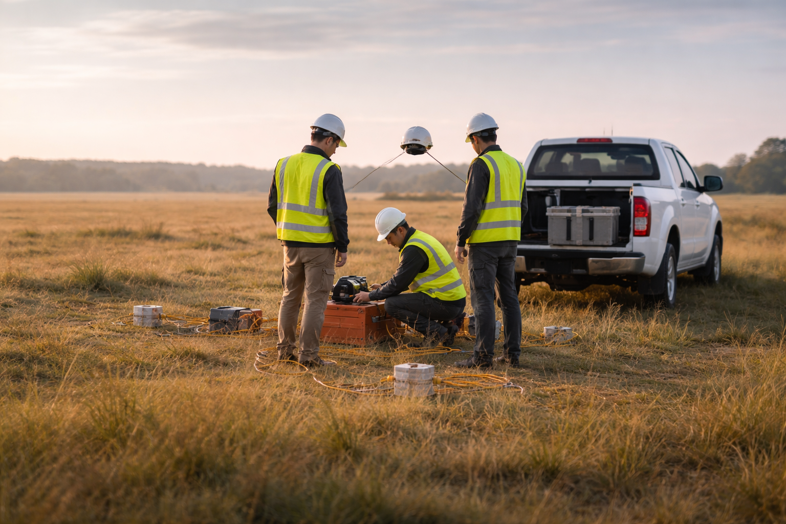 Wide morning view of three anonymous technicians in unbranded safety gear clustered around seismic equipment and a survey vehicle on open grassland, subjects placed in the upper part of the frame and foreground left empty.