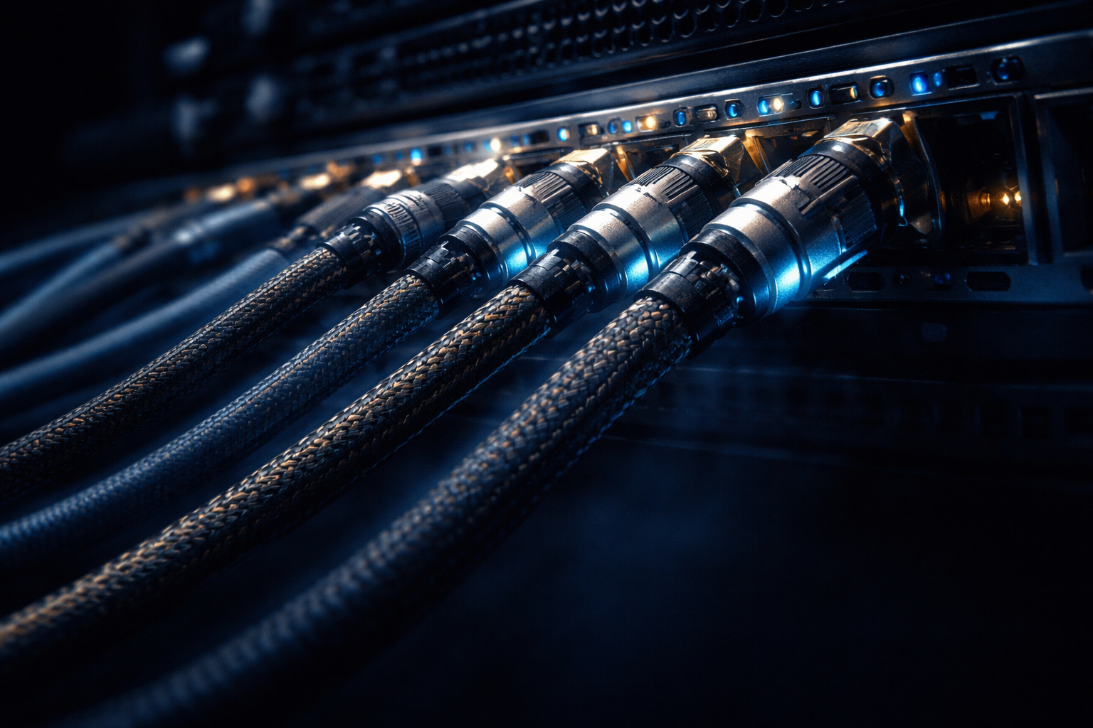 Close-up motion shot of braided fiber‑optic connectors being plugged into a server blade, cables slightly blurred, cool blue tones with warm amber highlights, main action in the upper two-thirds and the lower third left quiet.