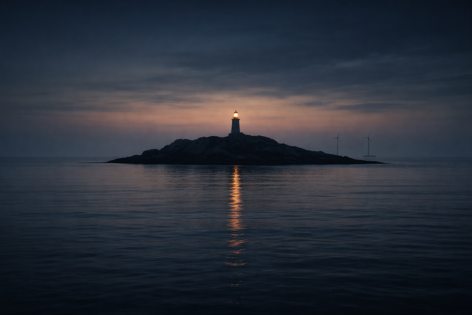 Silhouetted lighthouse and two wind turbines on a low island at dusk, centered above a calm reflective sea that occupies the empty lower third of the frame.
