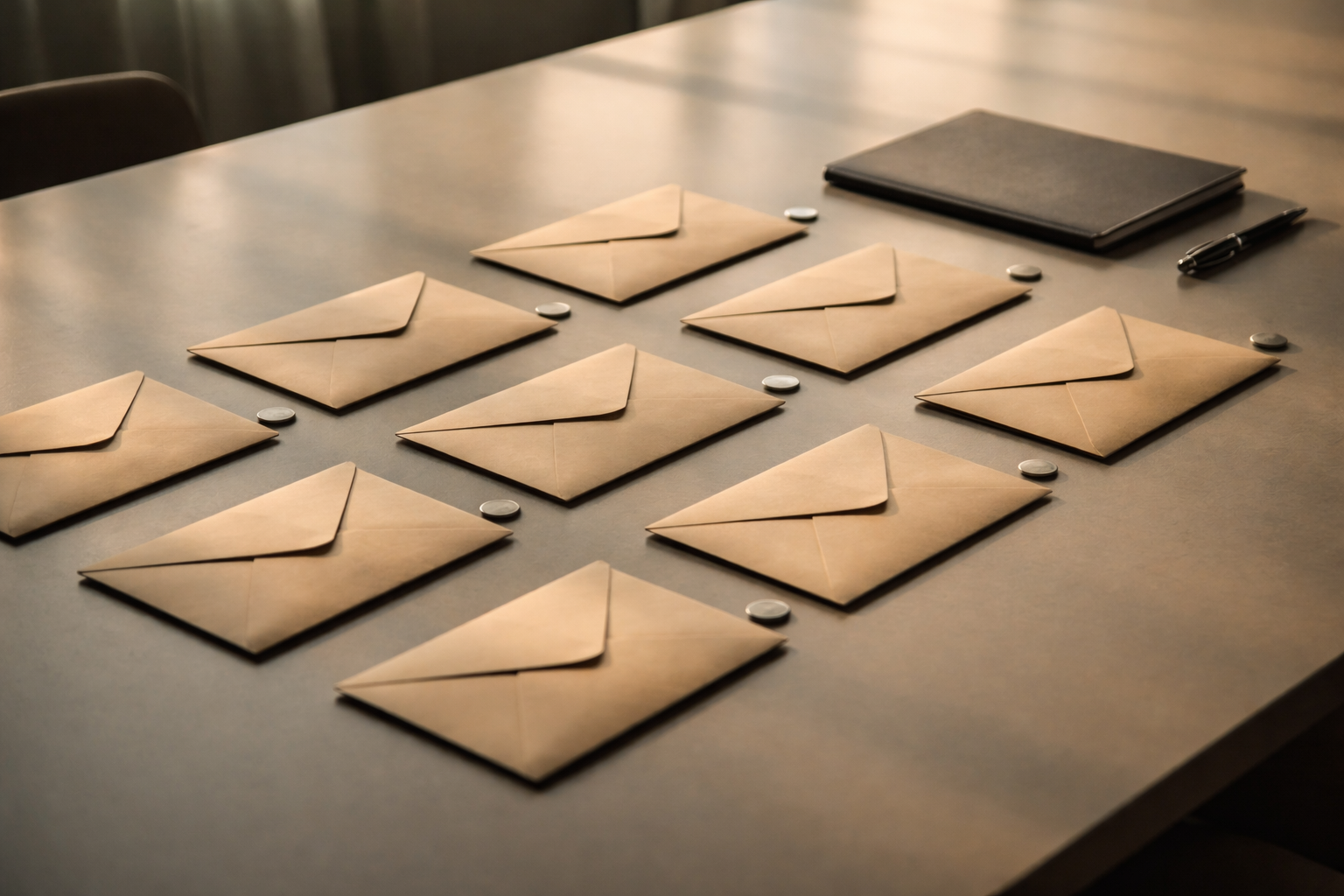 Wide view of a wooden meeting table with nine sealed kraft envelopes arranged in the center alongside small unbranded metal tokens and a charcoal folder, lit by warm window light with the lower third left empty.