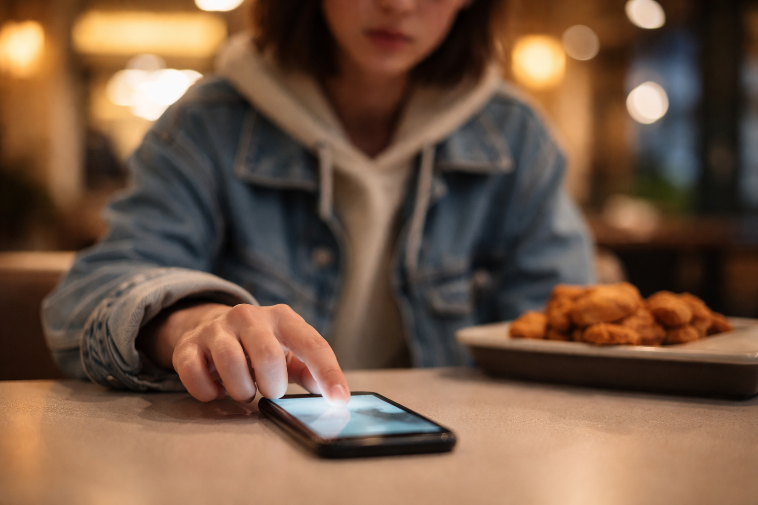 A warm, shallow-focus motion shot of a young person in a casual restaurant reaching to tap a smartphone while a generic tray with fried chicken sits blurred behind them, the subject centered high in the frame and the lower third left calm.