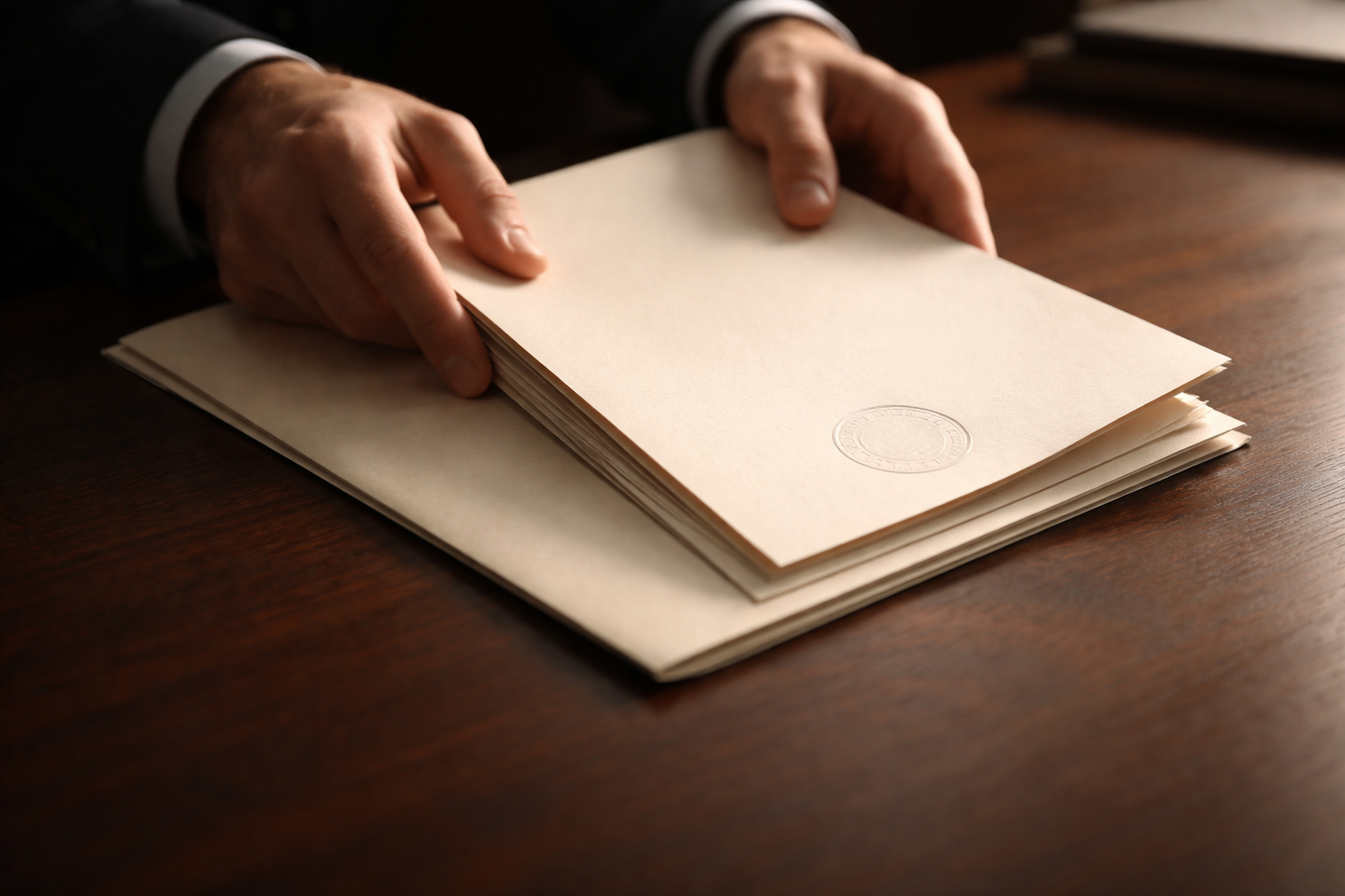 Close-up of anonymous hands sliding an unbranded cream appointment folder across a dark wood desk with warm side light and visible paper texture; lower third empty.