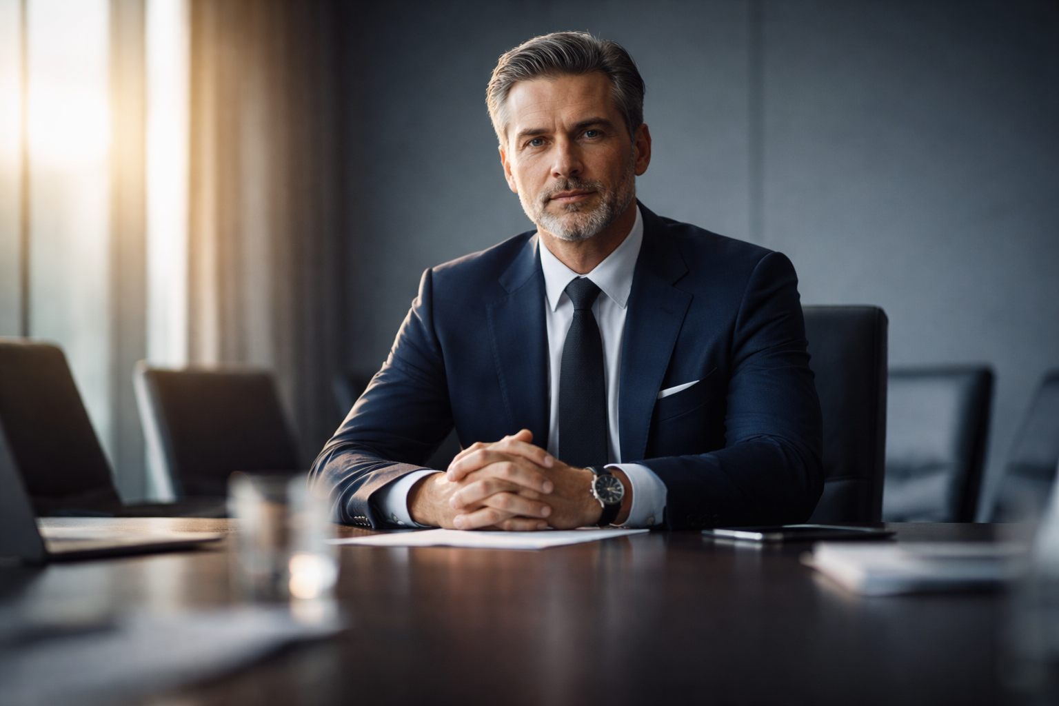 Low-angle photorealistic portrait of a fictional professional seated at a conference table, warm side lighting on their face against a cool blue-gray room, with out-of-focus papers and a dark, uncluttered lower third.