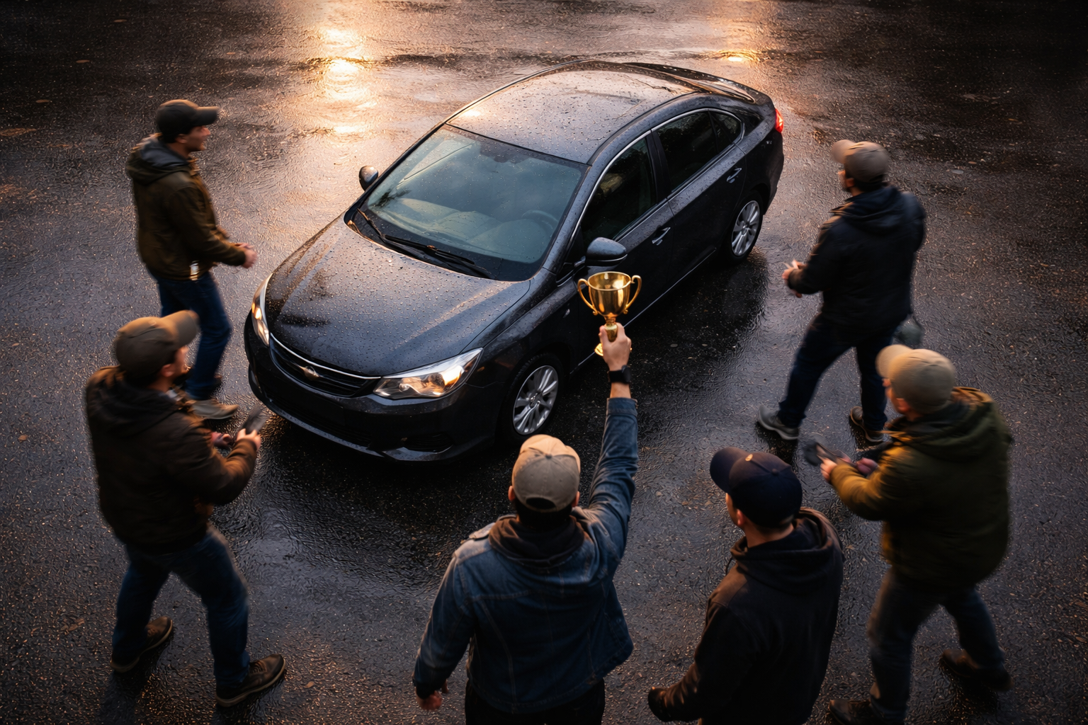 Top-down aerial photo of a generic compact car on wet asphalt with six anonymous people gathered around, one person holding an unbranded trophy; warm golden‑hour light casts long shadows and the bottom third is empty.