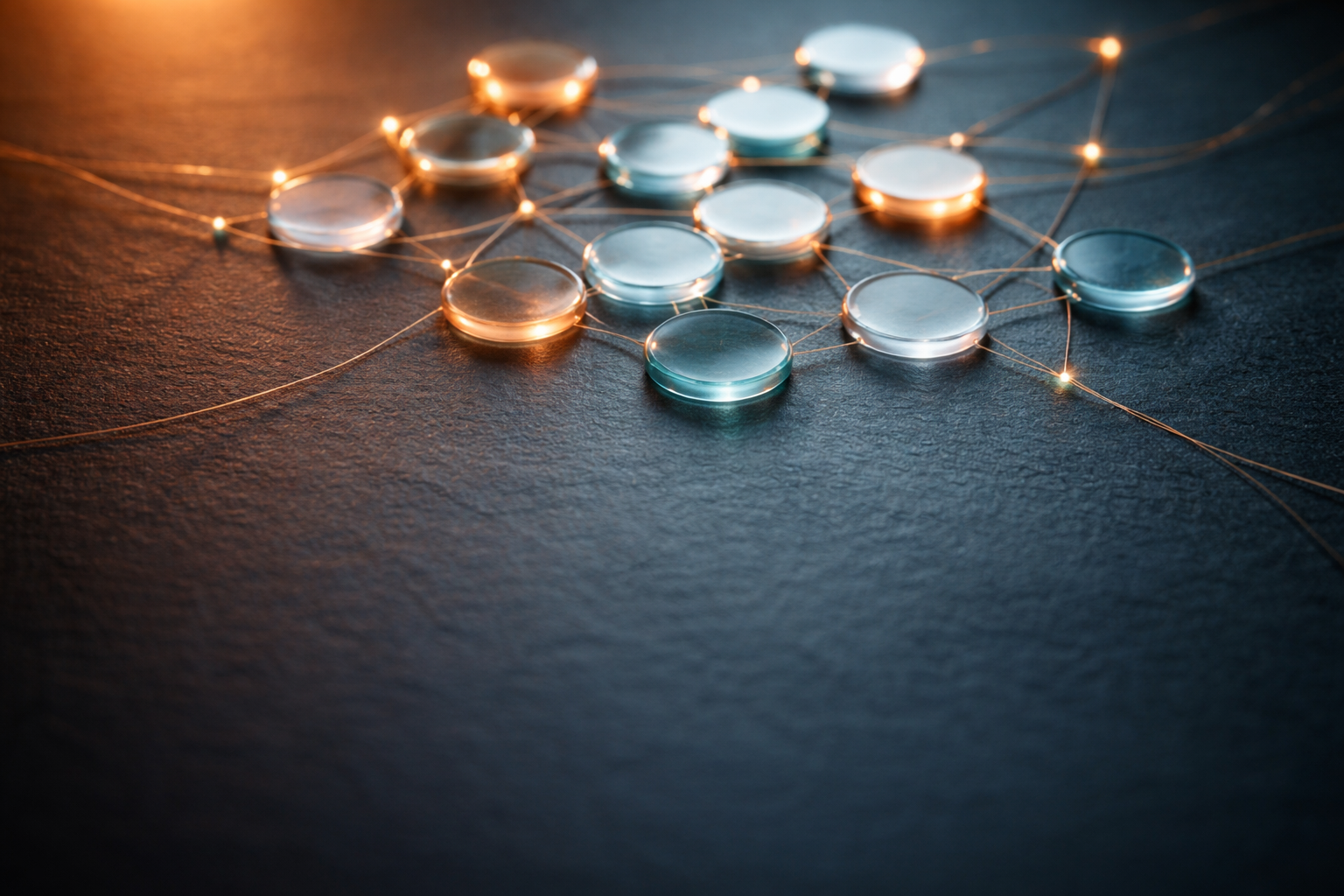 High-angle macro photo of translucent circular tokens linked by fine copper wires on a dark slate surface, warm amber and teal lighting, central cluster in the upper two-thirds with the bottom third left empty.