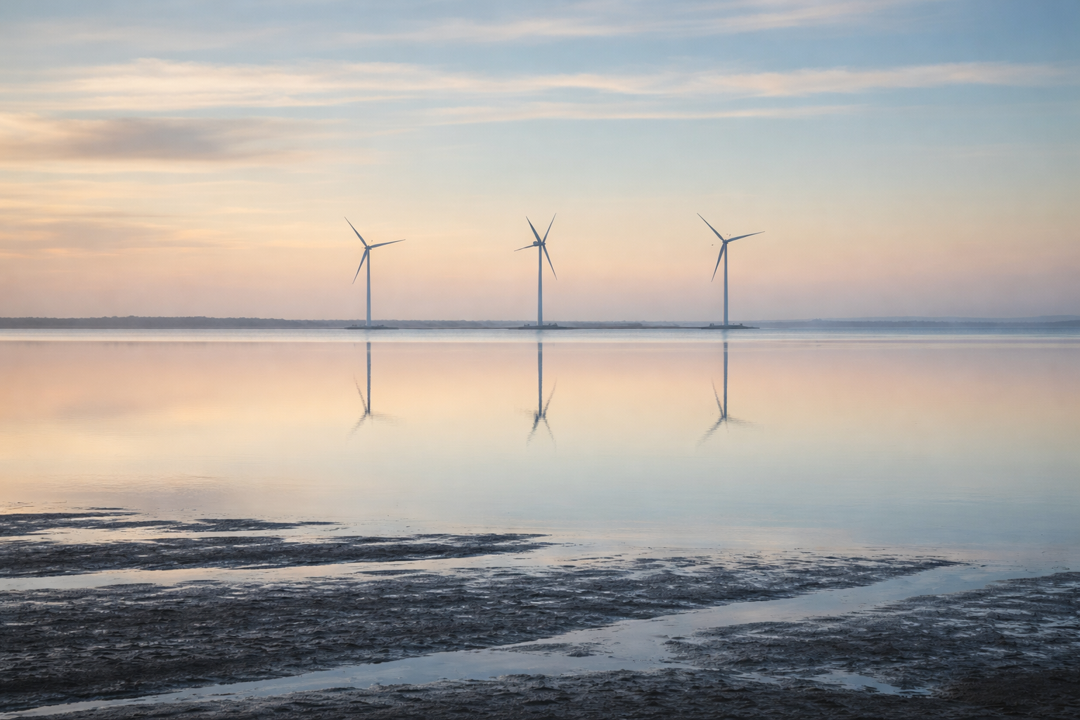 Dawn view of a calm coastal estuary with three wind turbines on the distant horizon and their mirrored reflections on glassy water, with a dark, low-contrast mudflat occupying the bottom third.