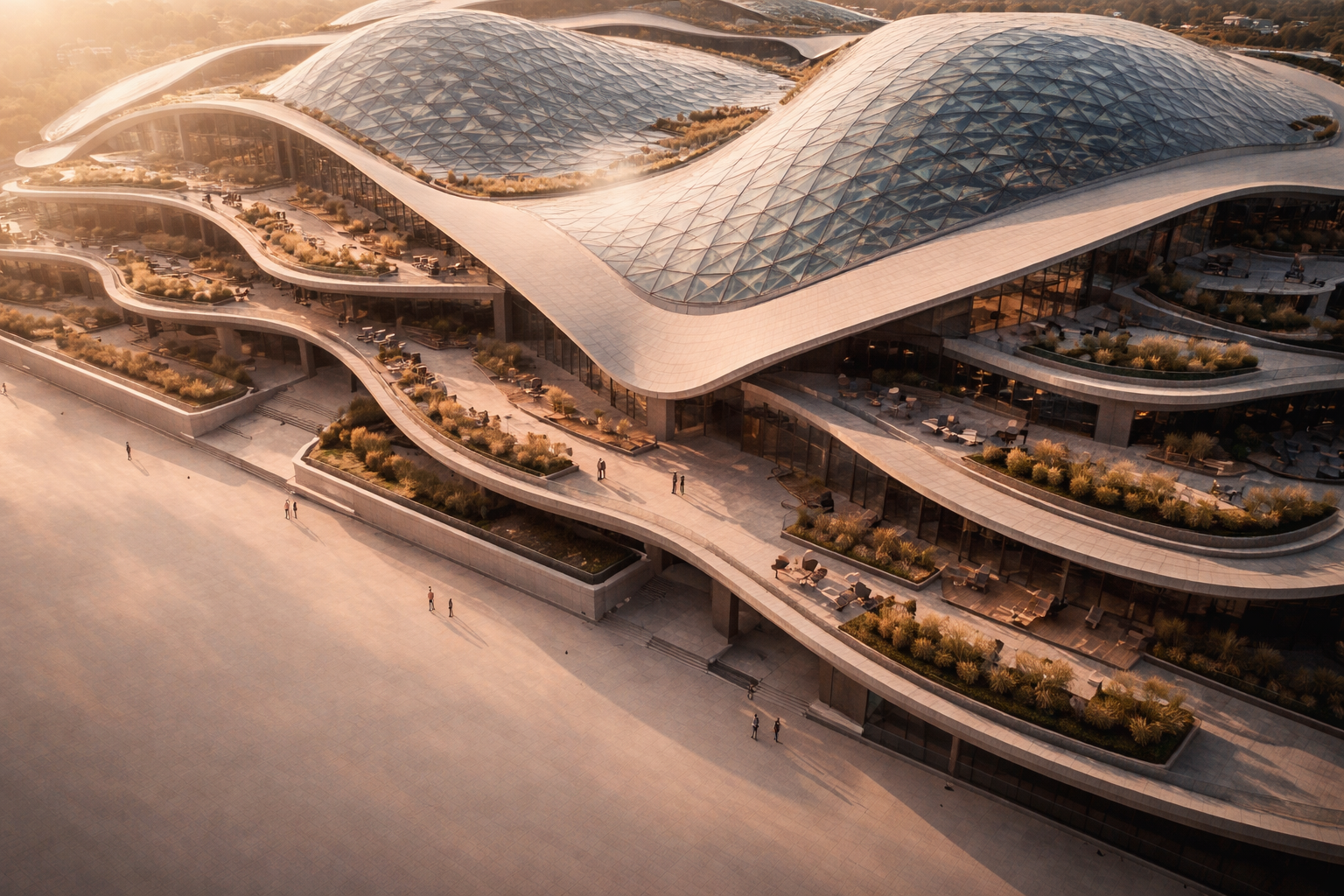 Aerial view of a modern convention center roof with tessellated skylights and curved terraces in warm late-afternoon light, tiny anonymous silhouettes near the upper center and an empty quiet lower third.