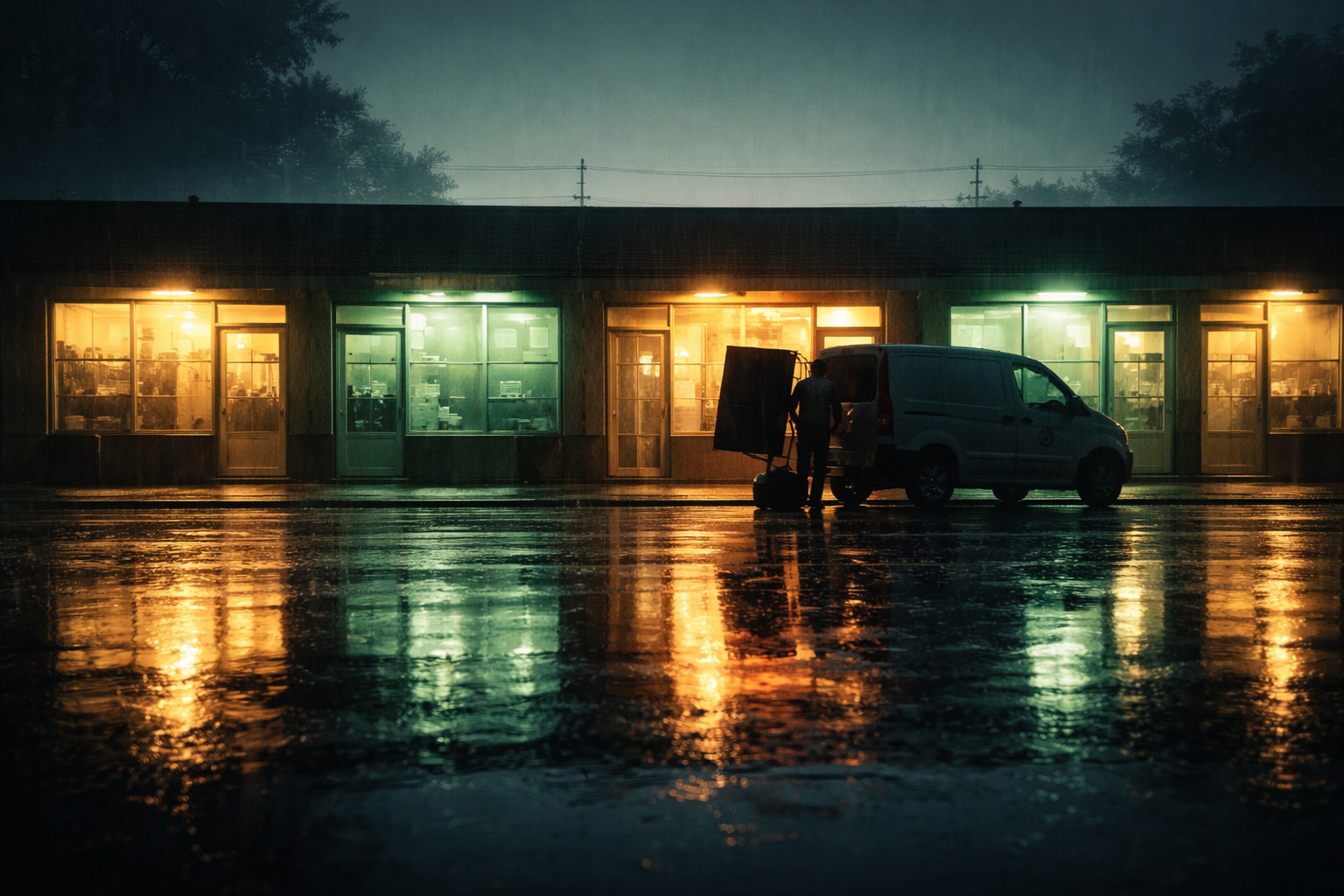 Dusk silhouette of a row of generic laundromat storefronts and a service van reflected in a rain‑soaked street, soft amber and teal backlight and an uncluttered darker lower third.