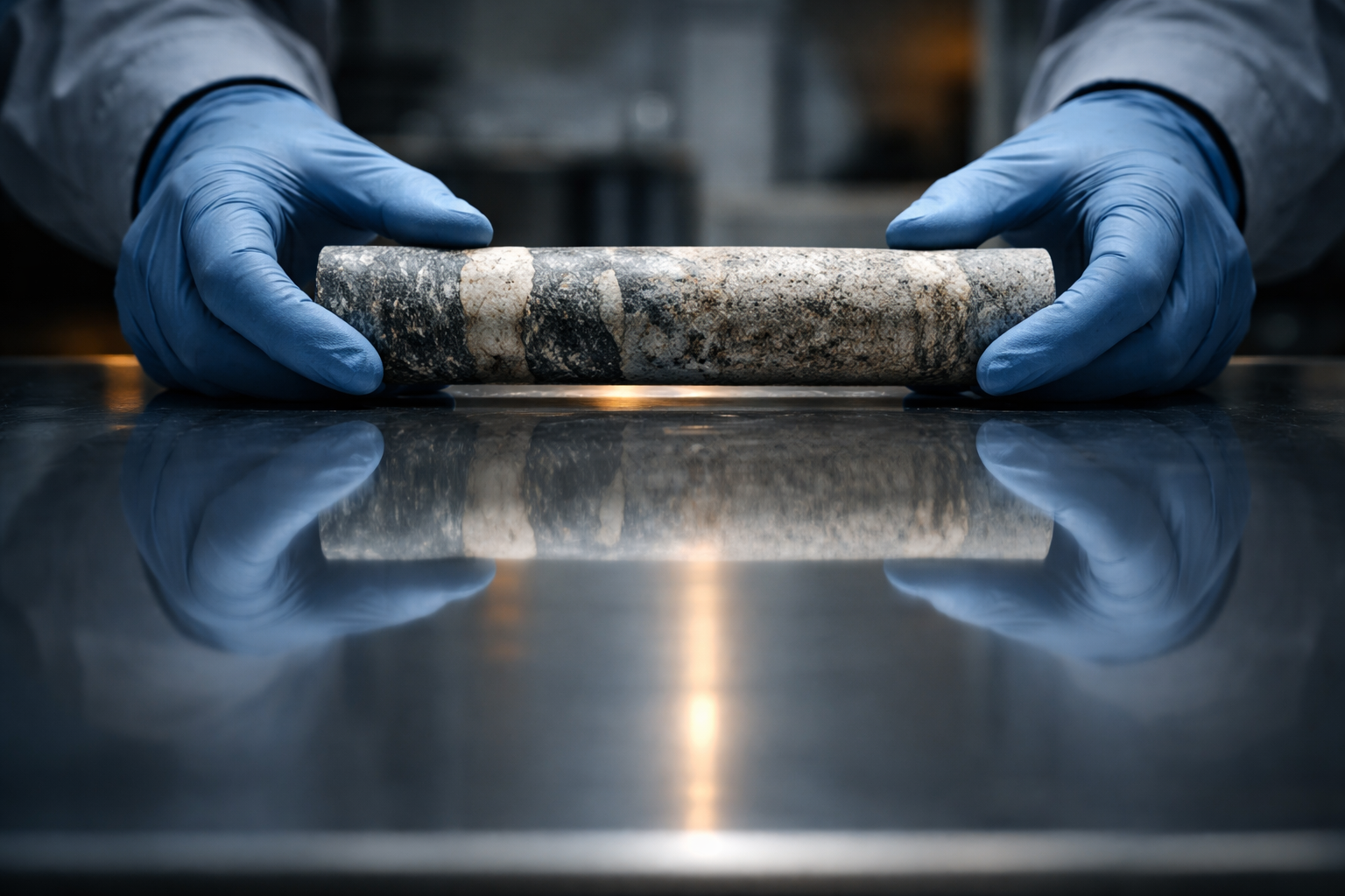 Reflection in a glossy lab bench showing anonymous gloved hands arranging an unbranded drill core sample, softly lit in cool blues with a warm rim light, subject centered in the upper part of the frame.
