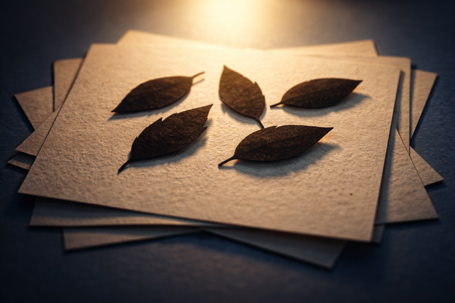 Backlit silhouette of five leaf-shaped paper cutouts laid over stacked unbranded recycled-paper reports, warm rim light highlighting paper texture and casting crisp dark leaf shadows, lower third deliberately empty.