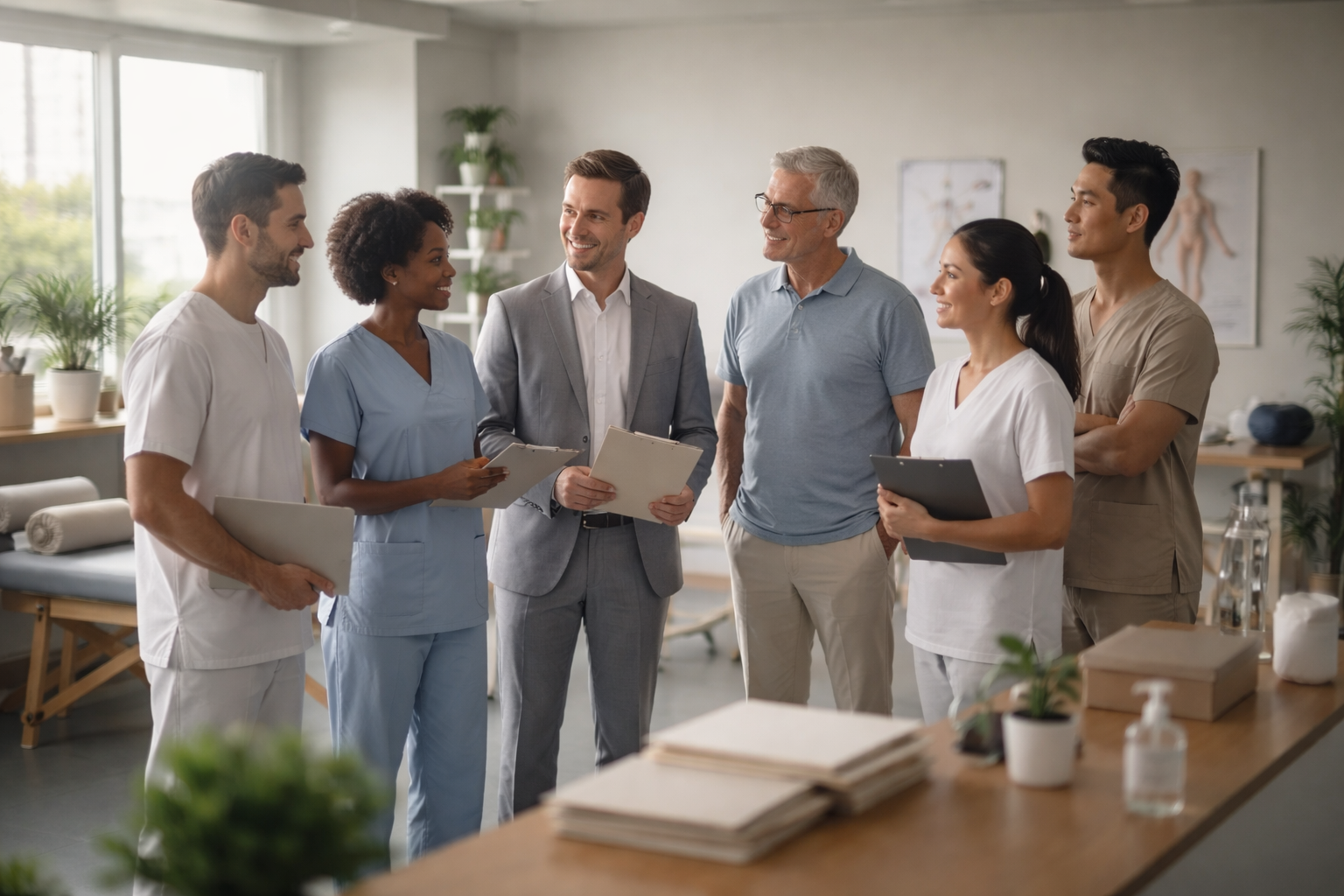 A diverse group of clinic staff and a corporate representative exchange plain folders and converse in a modern physiotherapy clinic; the main group is centered in the upper two-thirds with soft morning light and a quiet lower third.