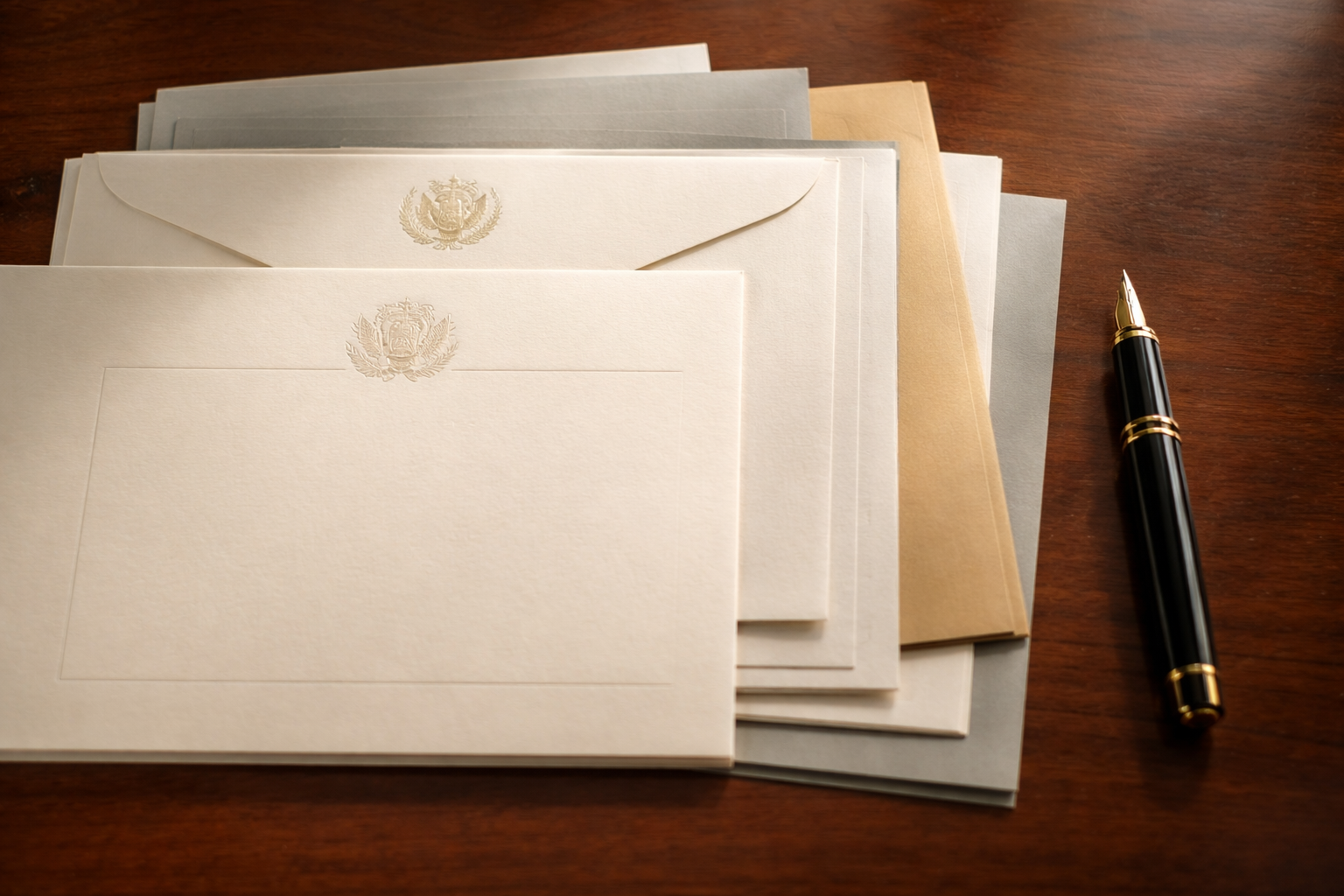 Stacked official documents and papers on a wooden desk photographed from above, with a fountain pen nearby and soft natural light creating subtle shadows.