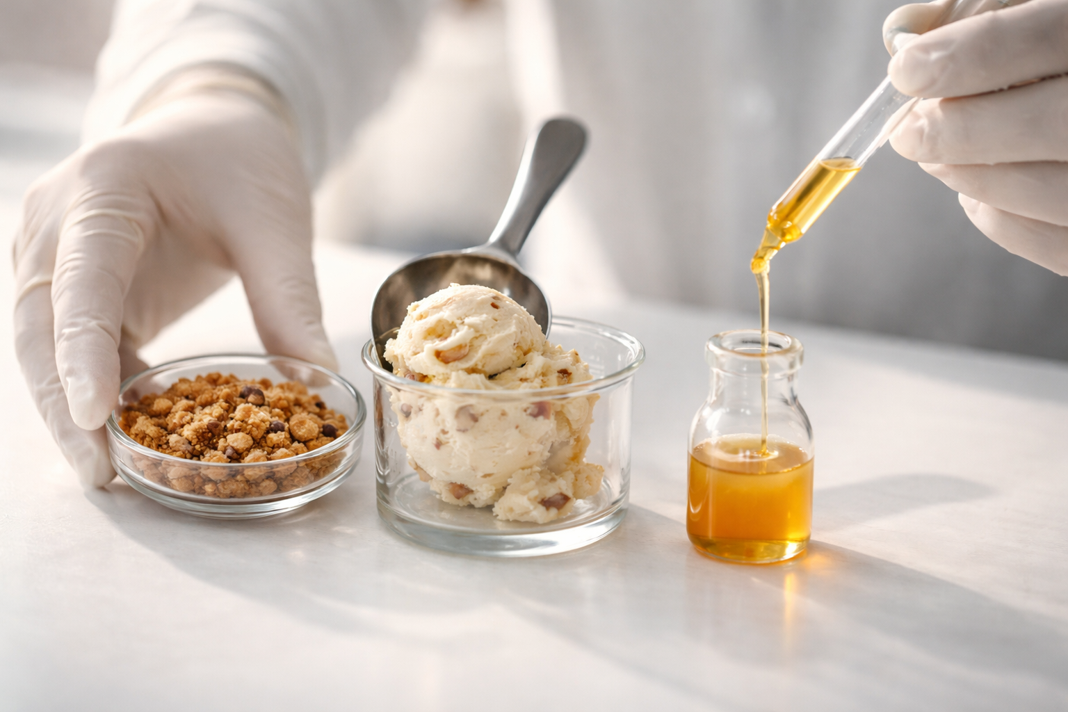 Gloved hands in motion pouring a viscous carbohydrate drink beside a small dish of gluten-free cookie crumble and a scoop of dense ice cream on a clean lab bench; soft daylight and shallow focus emphasize the materials while the bottom third is left empty.