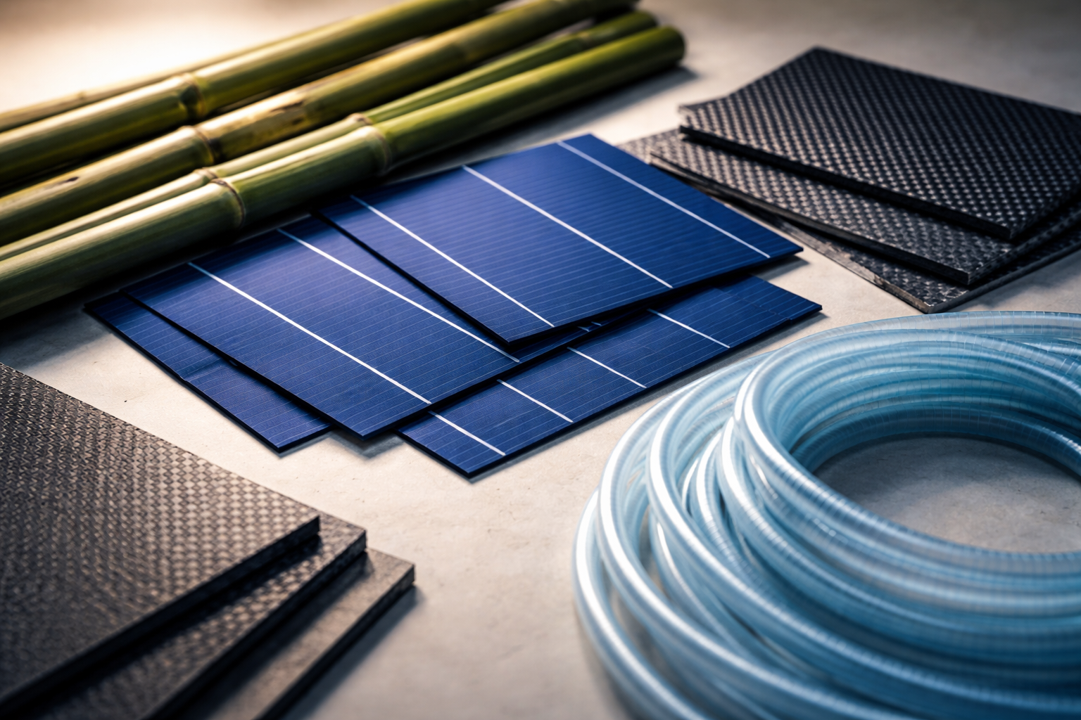 Oblique wide shot of arranged sustainable materials — overlapping deep-blue solar panels, green bamboo slats, textured carbon-fibre sheets and coiled translucent blue tubing — lit with warm side light and cool fill, with the composition occupying the upper two thirds and a calm empty lower third.