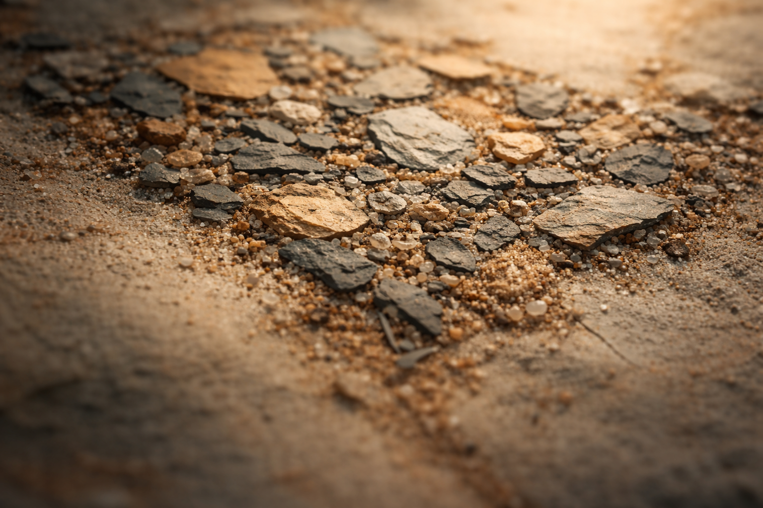 High-angle close-up of a textured abstract mosaic of mineral grains and weathered shale in warm ochre and slate tones, the detailed pattern placed in the upper two-thirds with the bottom area smooth and uncluttered.