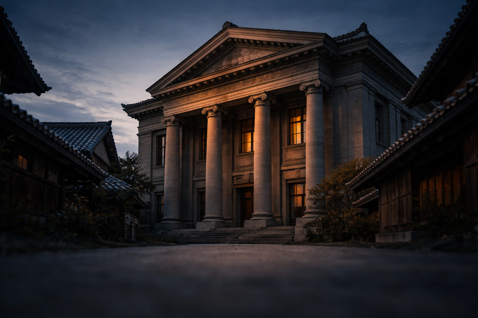 Low-angle view of a provincial civic building and adjacent traditional rooflines lit by warm dusk light, textured columns and carved eaves filling the upper two-thirds with a blurred empty foreground.