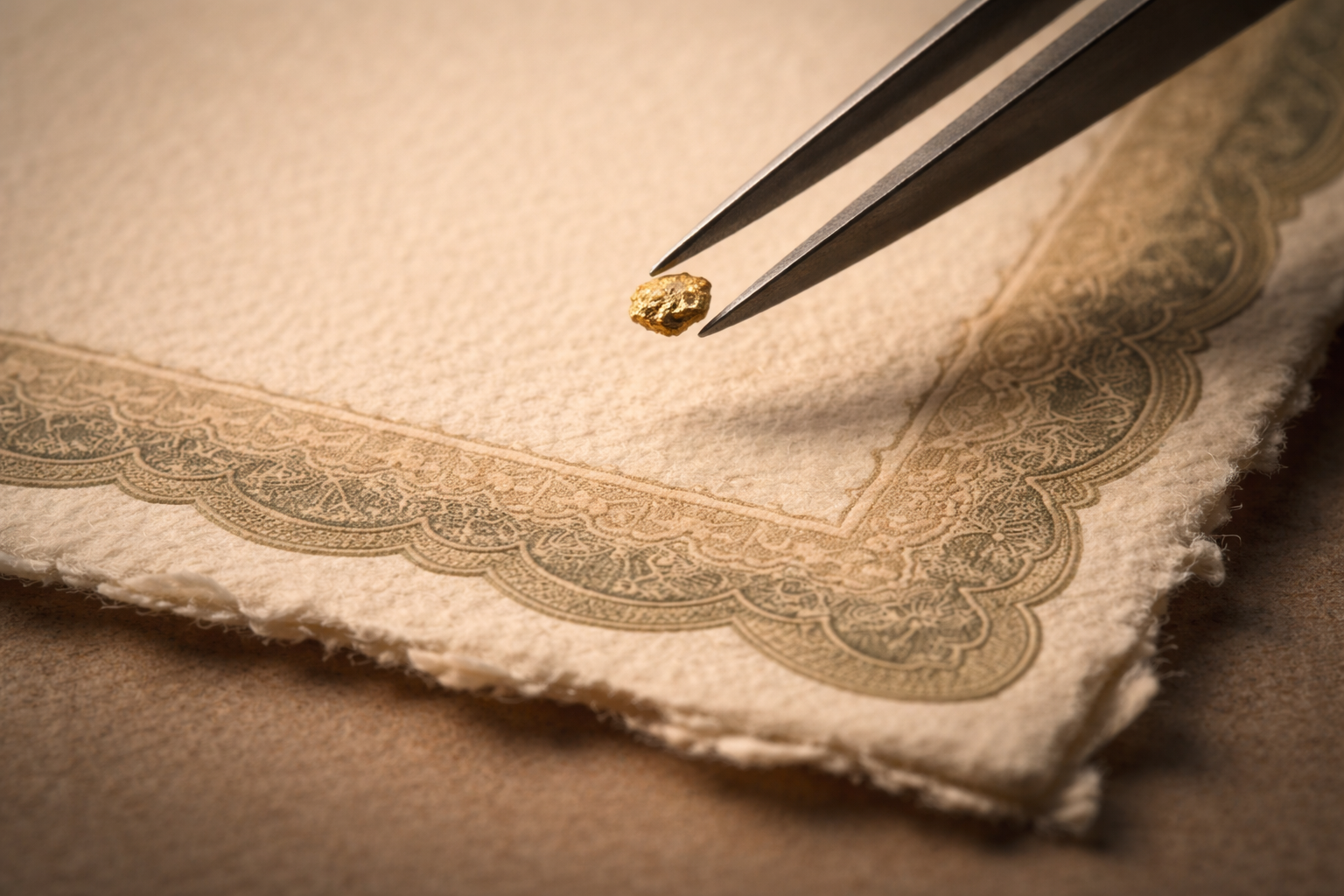 Macro close-up of heavy blank share-certificate paper with visible fibers and a pair of tweezers holding a small gold-coloured mineral flake above it; lower third is softly blurred and uncluttered.